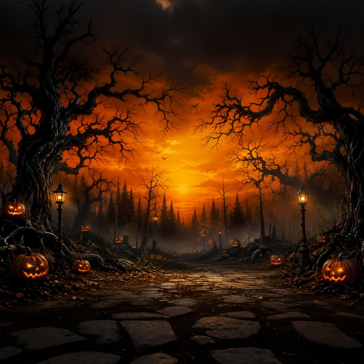 Spooky Forest Backdrop Sunset Pumpkin Woods Path Spooky Backdrop UK LXX67-217
