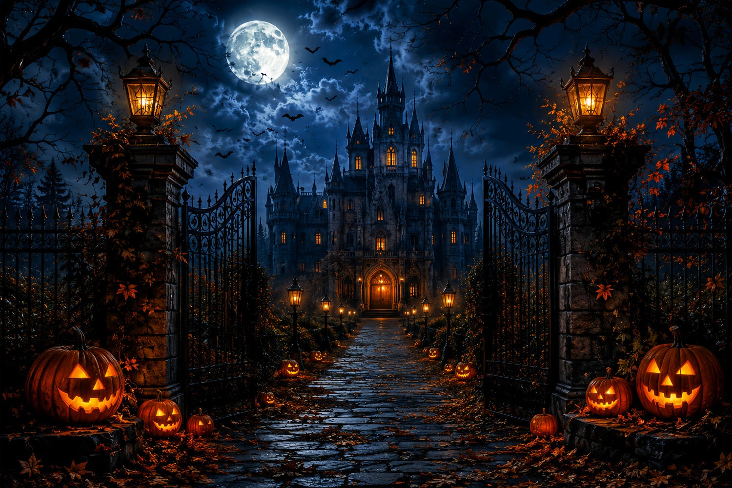 Haunted Forest Backdrop Moonlit Gothic Castle Gate Halloween Wall Backdrop UK LXX67-218