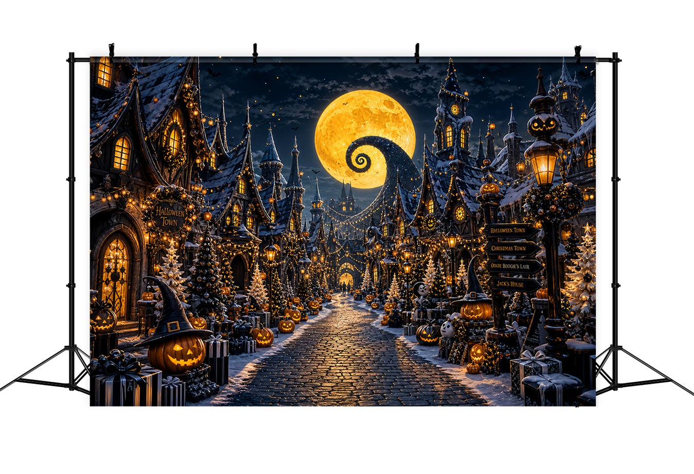 Halloween Village Backdrop Spiral Moon Pumpkin Halloween Photo Booth Backdrop UK LXX67-220