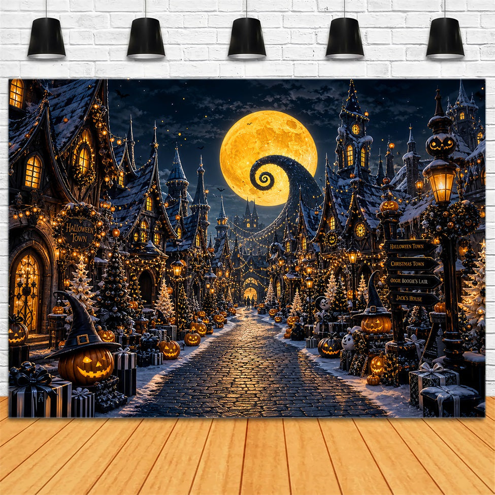 Halloween Village Backdrop Spiral Moon Pumpkin Halloween Photo Booth Backdrop UK LXX67-220