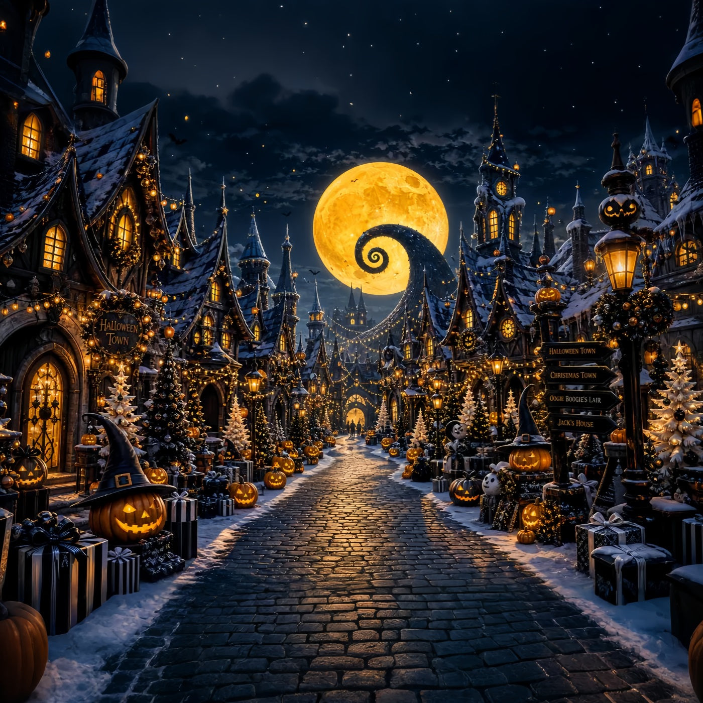 Halloween Village Backdrop Spiral Moon Pumpkin Halloween Photo Booth Backdrop UK LXX67-220