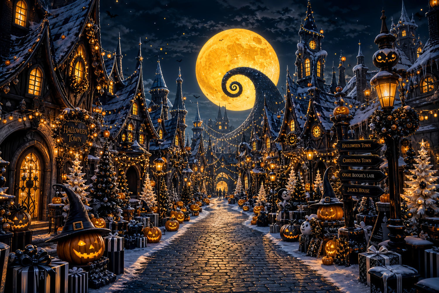 Halloween Village Backdrop Spiral Moon Pumpkin Halloween Photo Booth Backdrop UK LXX67-220