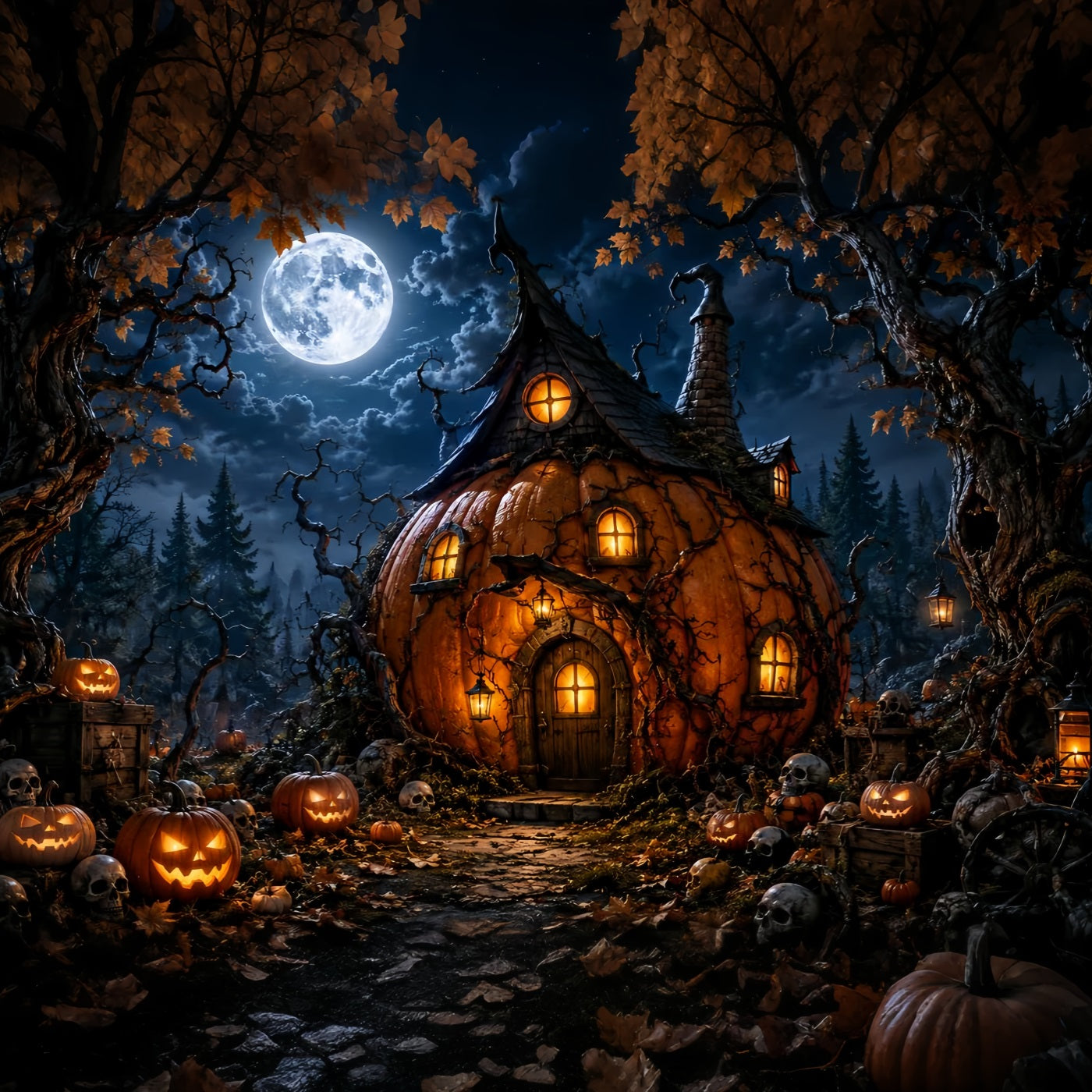 Magical Forest Backdrop Moonlit Pumpkin Witch Cottage Halloween Photo Backdrops UK LXX67-222
