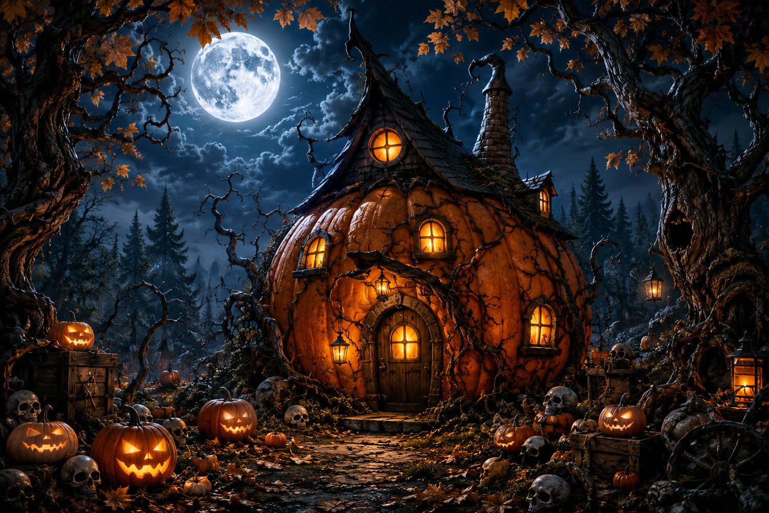 Magical Forest Backdrop Moonlit Pumpkin Witch Cottage Halloween Photo Backdrops UK LXX67-222
