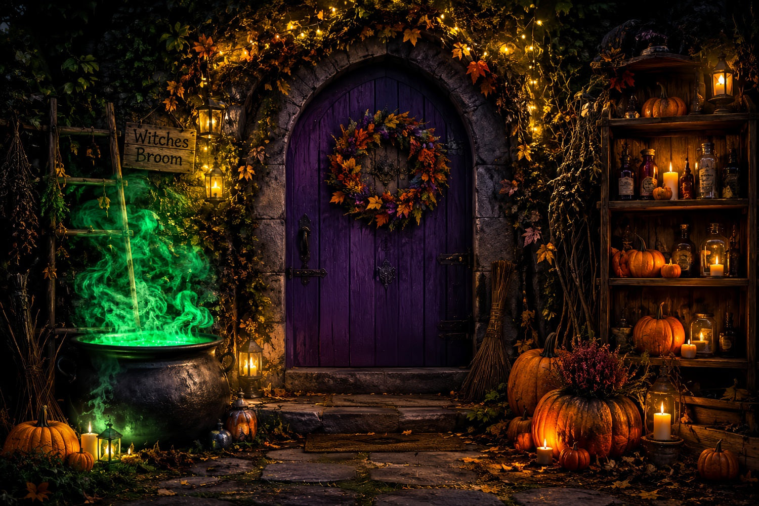Witch Backdrop Glowing Cauldron Doorway Gothic Backdrops UK LXX67-223