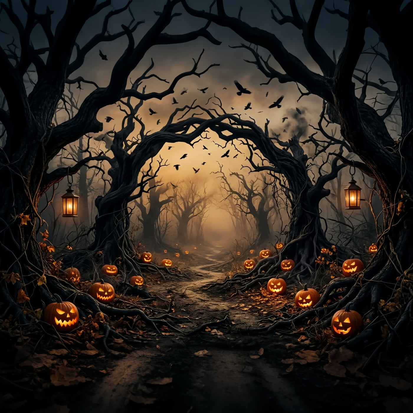 Creepy Forest Backdrop Pumpkin Twisted Trees Spooky Halloween Backdrop UK LXX67-224