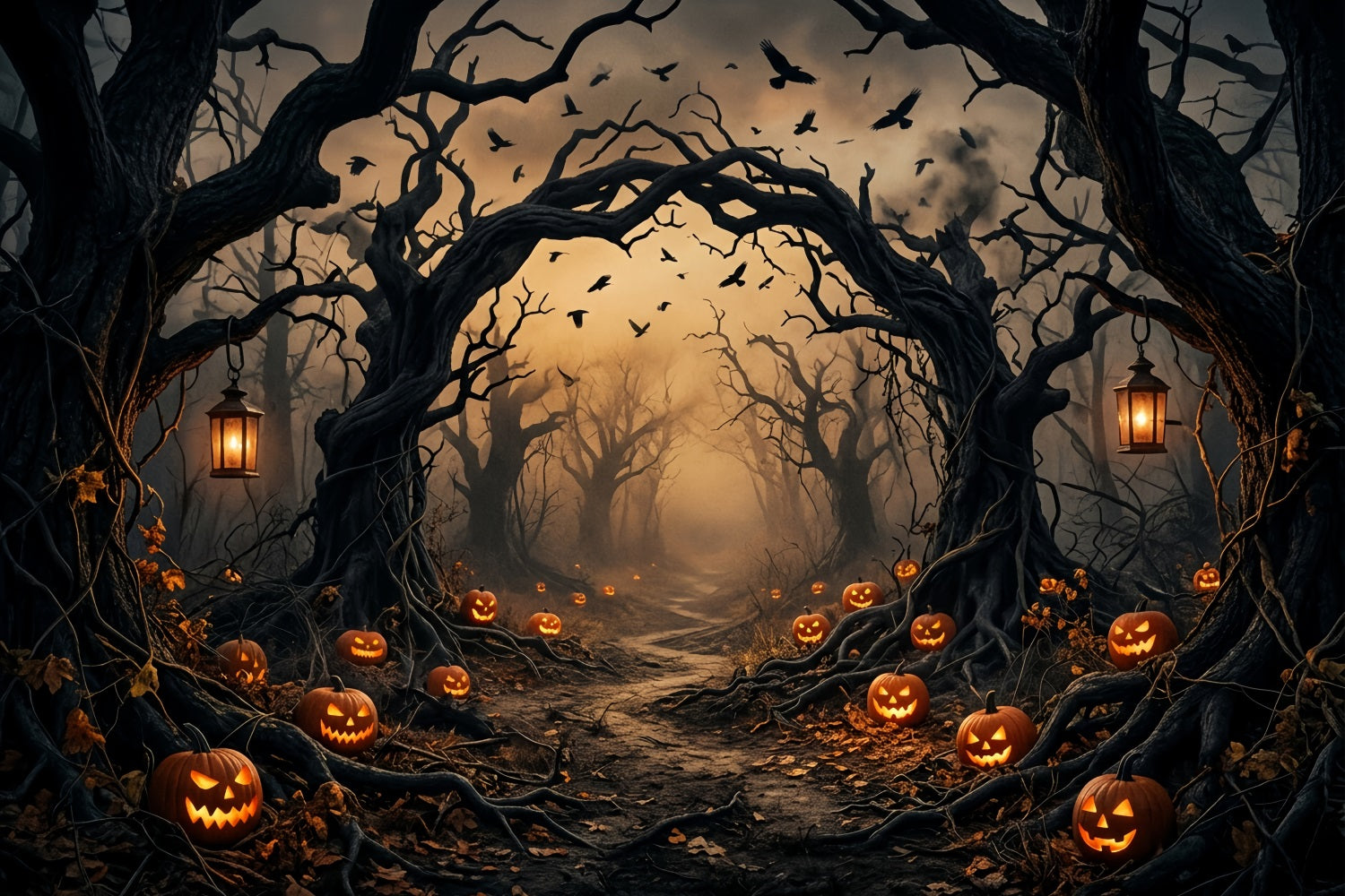 Creepy Forest Backdrop Pumpkin Twisted Trees Spooky Halloween Backdrop UK LXX67-224