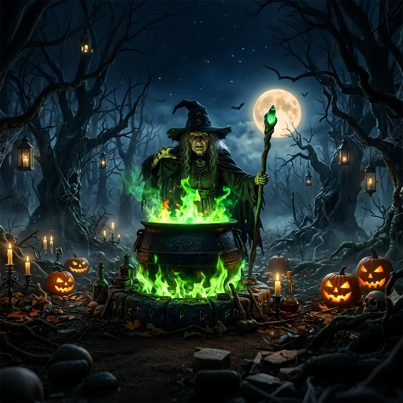 Witchy Backdrop Moonlit Witch Cauldron Ritual Horror Backdrop UK LXX67-225
