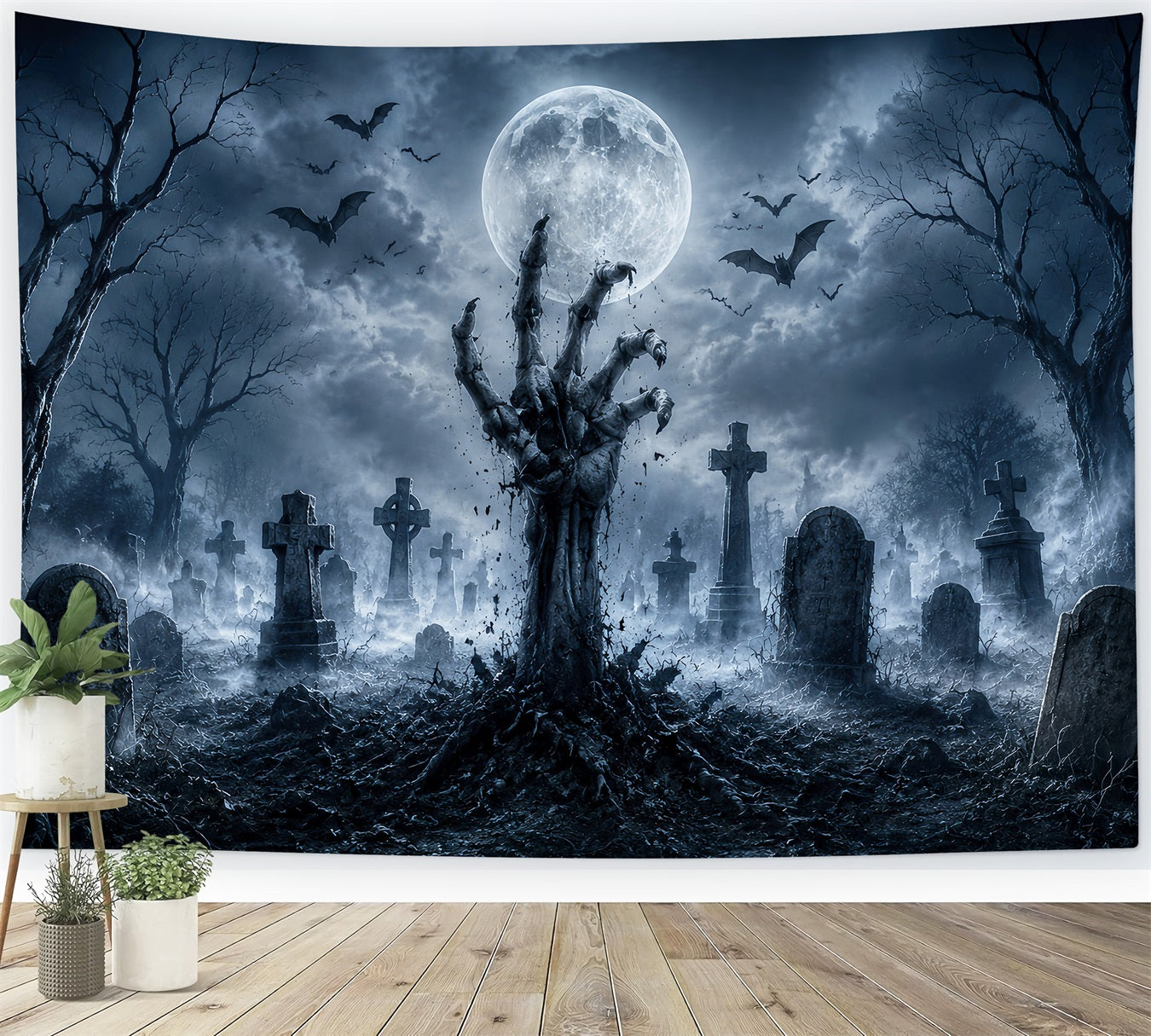 Halloween Graveyard Backdrops Zombie Hand Moonlit Graveyard Photo Booth Halloween Backdrop UK LXX67-23