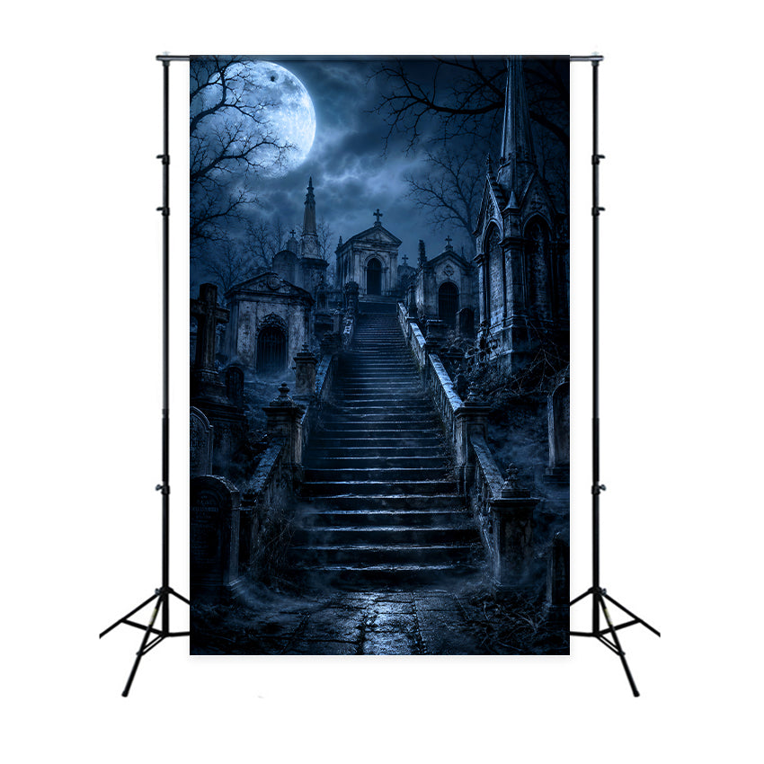Halloween Cemetery Backdrop Moonlit Gothic Mausoleum Stairway Gothic Photography Backdrops UK LXX67-230