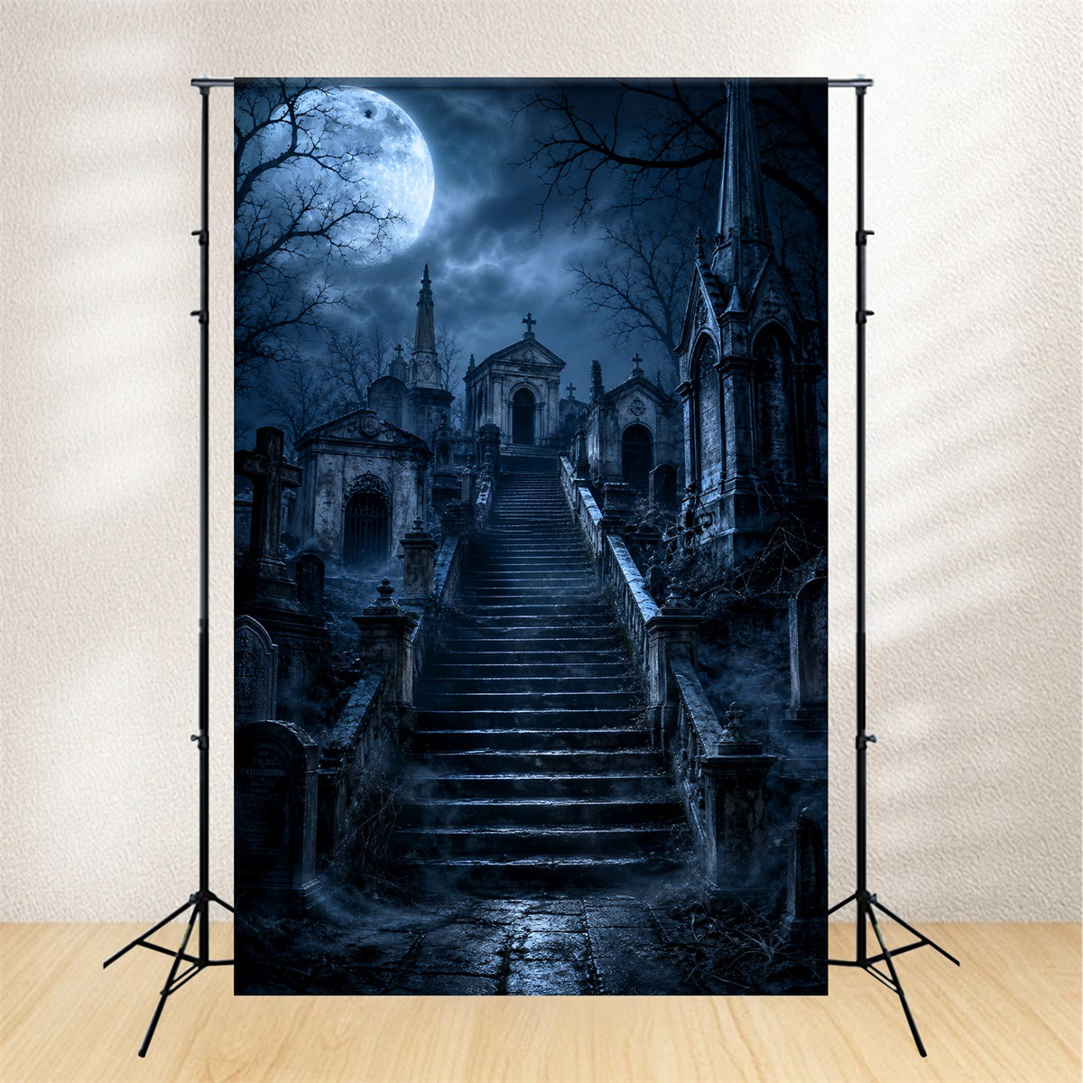 Halloween Cemetery Backdrop Moonlit Gothic Mausoleum Stairway Gothic Photography Backdrops UK LXX67-230