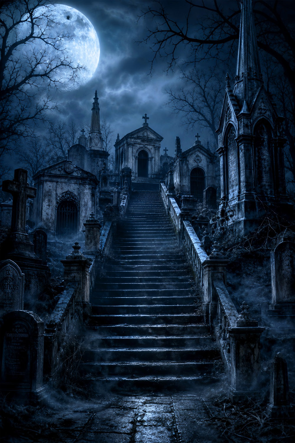 Halloween Cemetery Backdrop Moonlit Gothic Mausoleum Stairway Gothic Photography Backdrops UK LXX67-230