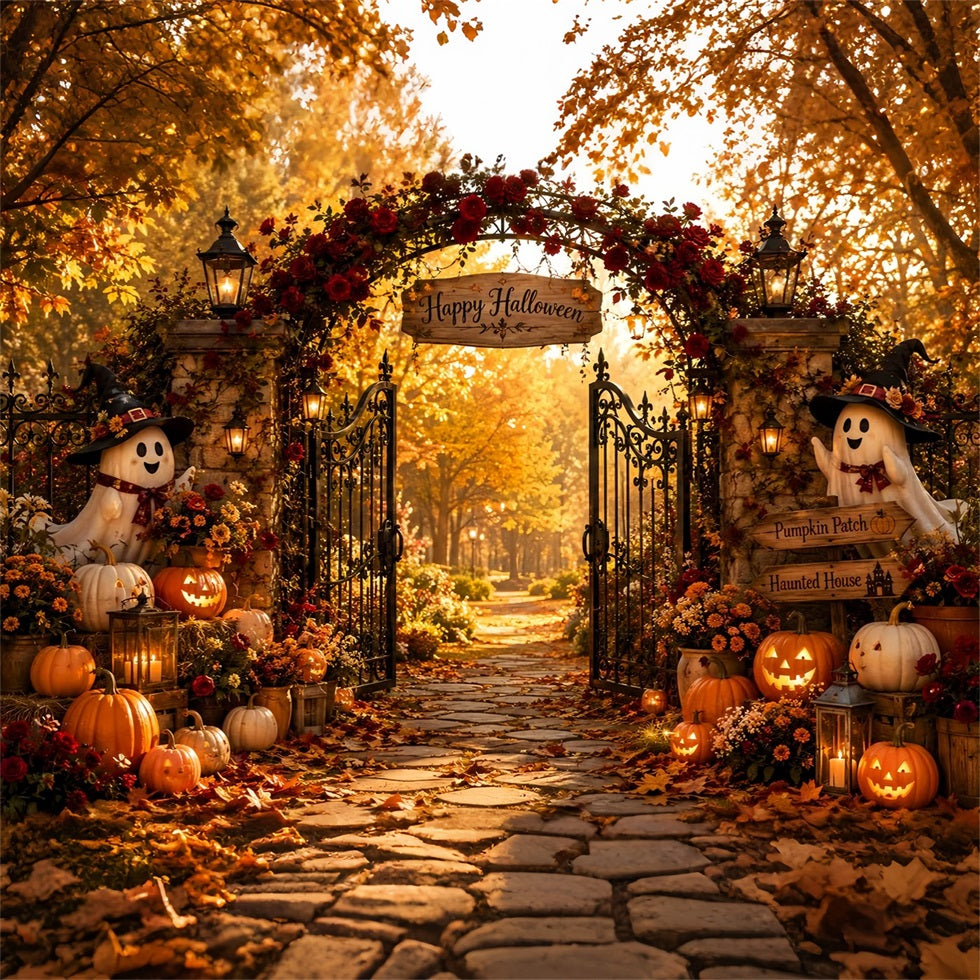 Pumpkin Photo Backdrop Autumn Rose Ghost Gateway Scary Backdrop UK LXX67-232