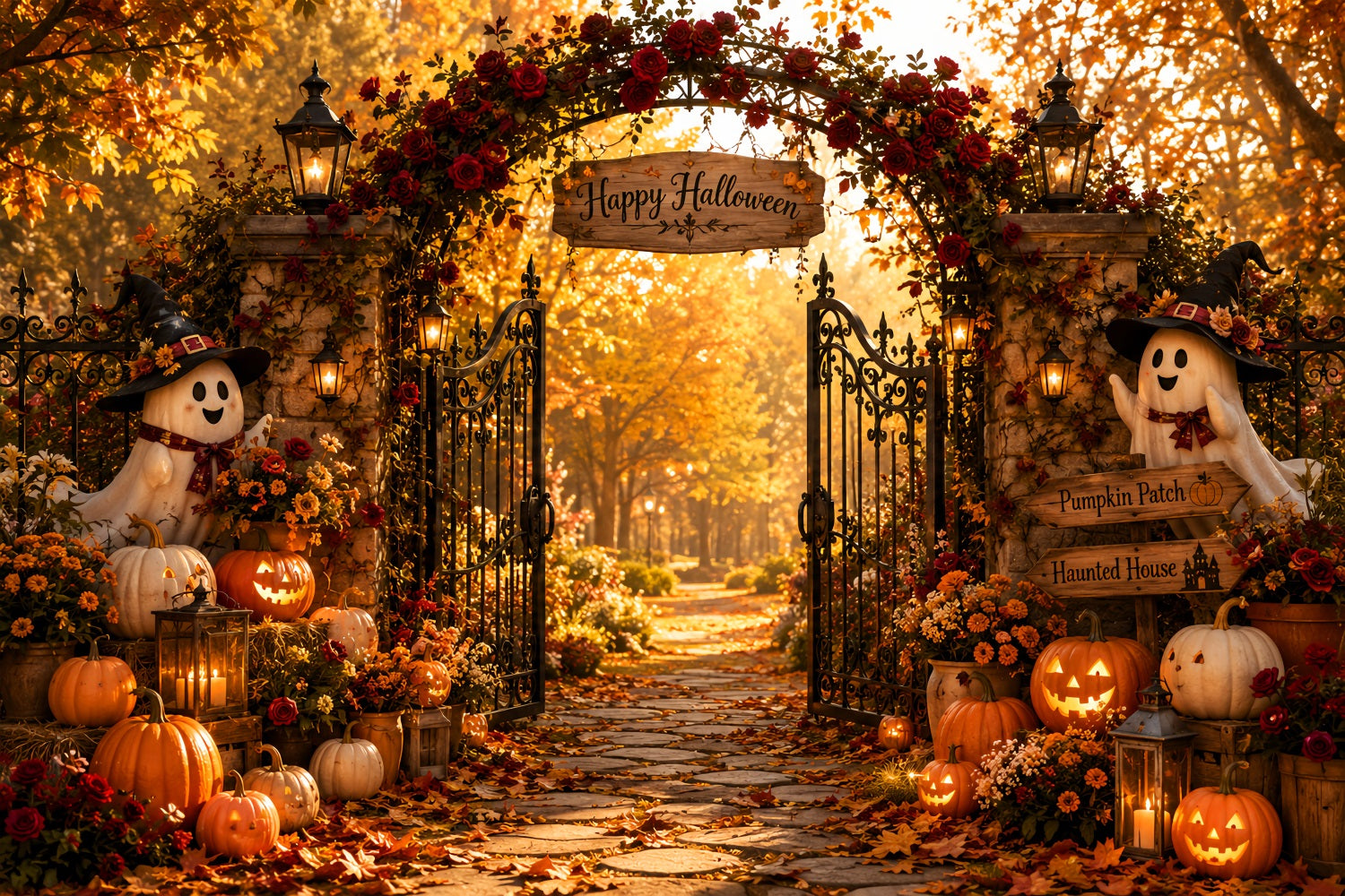 Pumpkin Photo Backdrop Autumn Rose Ghost Gateway Scary Backdrop UK LXX67-232