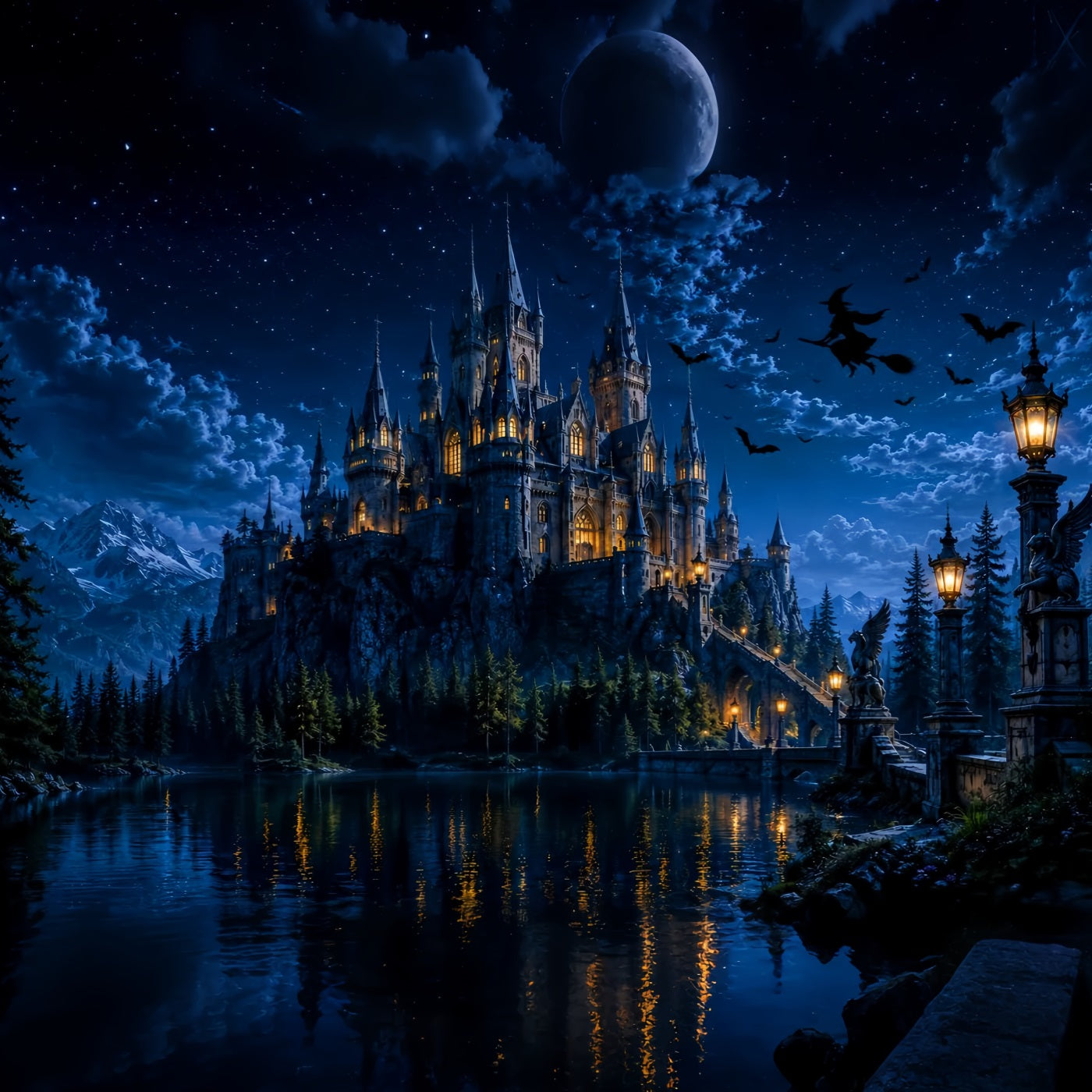 Haunted Castle Backdrop Moonlit Witch House Lake Halloween Picture Backdrop UK LXX67-233