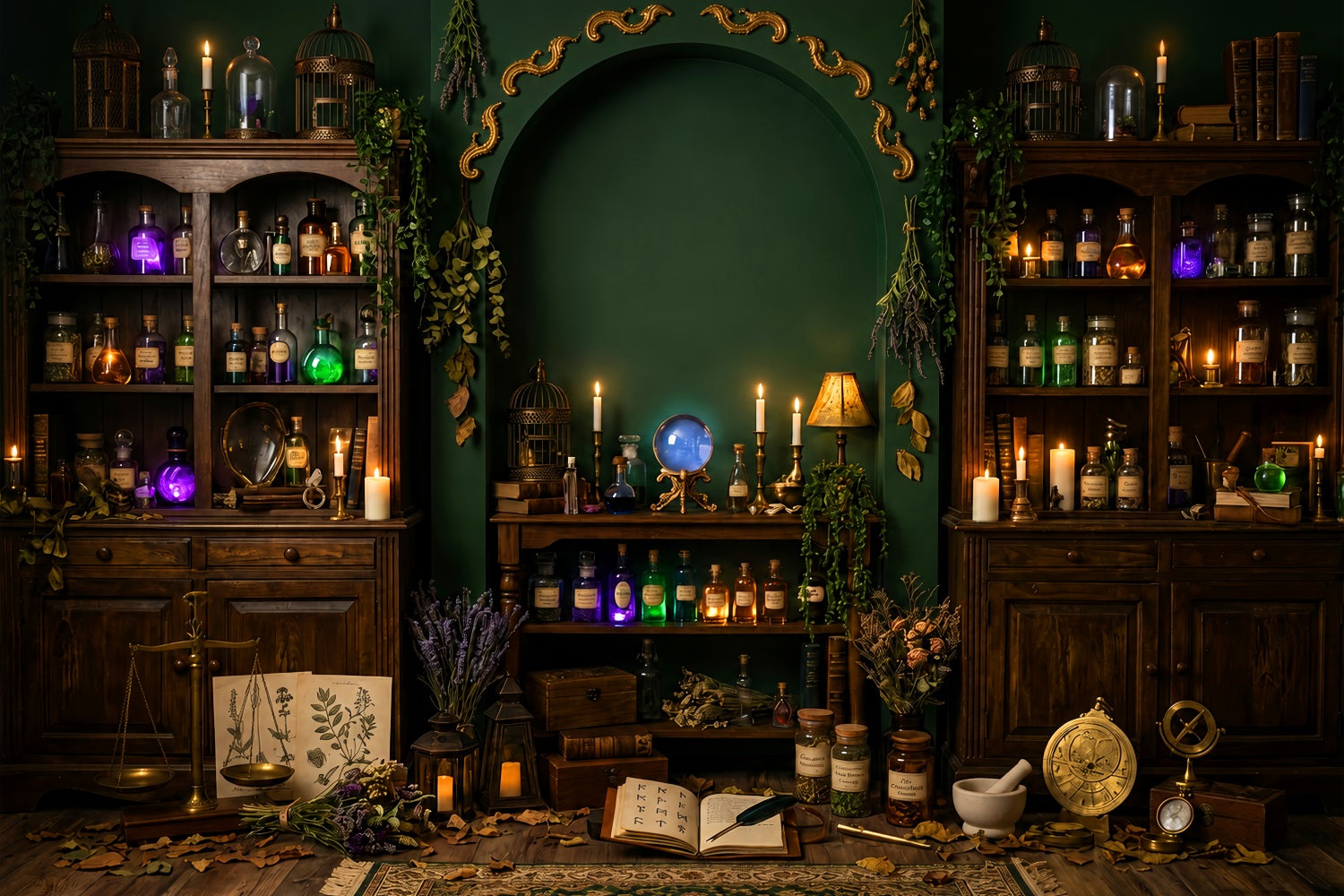 Haunted Library Backdrop Emerald Witch Apothecary Chamber Large Halloween Backdrop UK LXX67-234