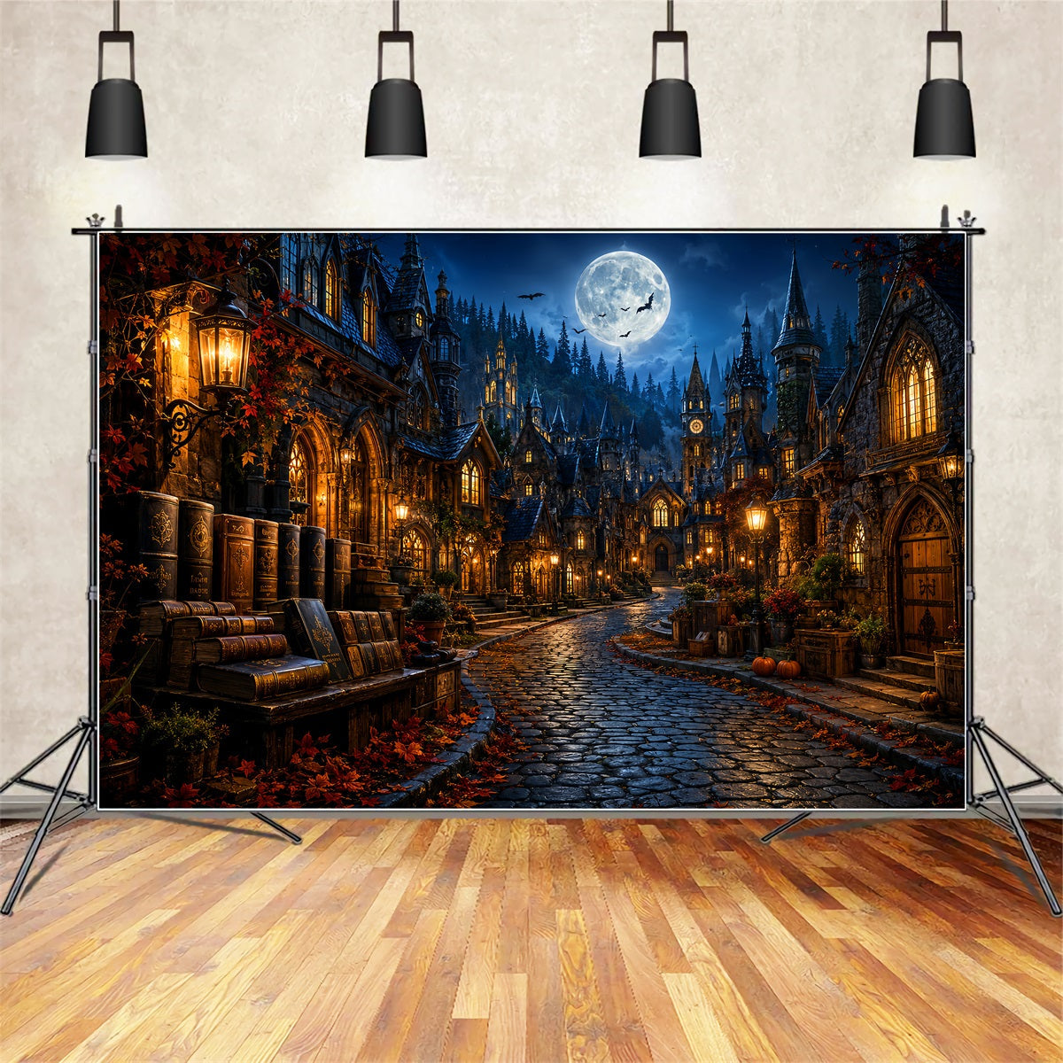 Halloweentown Backdrop Moonlit Gothic Bookshop Village Scary Halloween Backdrops UK LXX67-236