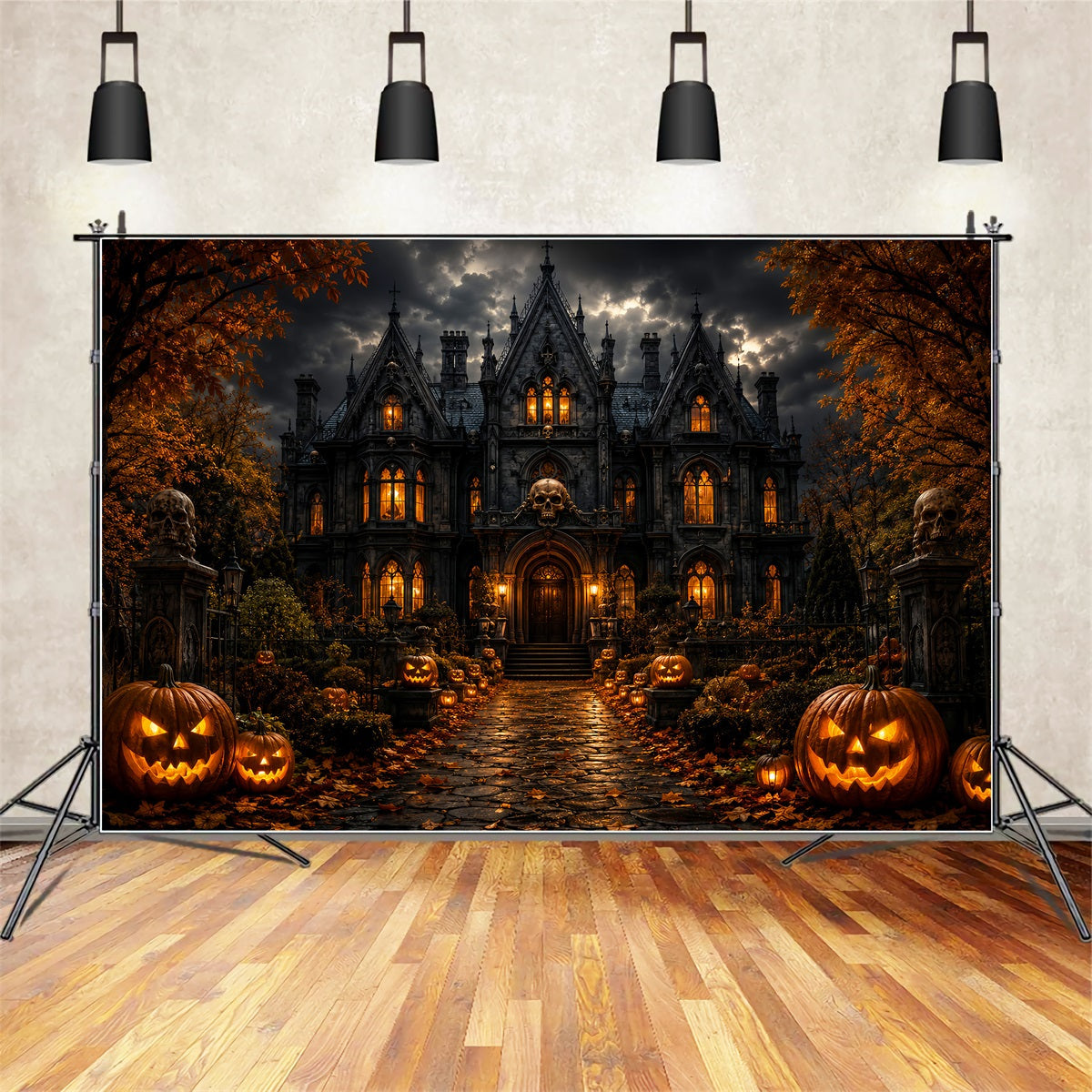 Haunted Mansion Photo Backdrop Stormy Skull Manor Entrance Scary Backdrops UK LXX67-238