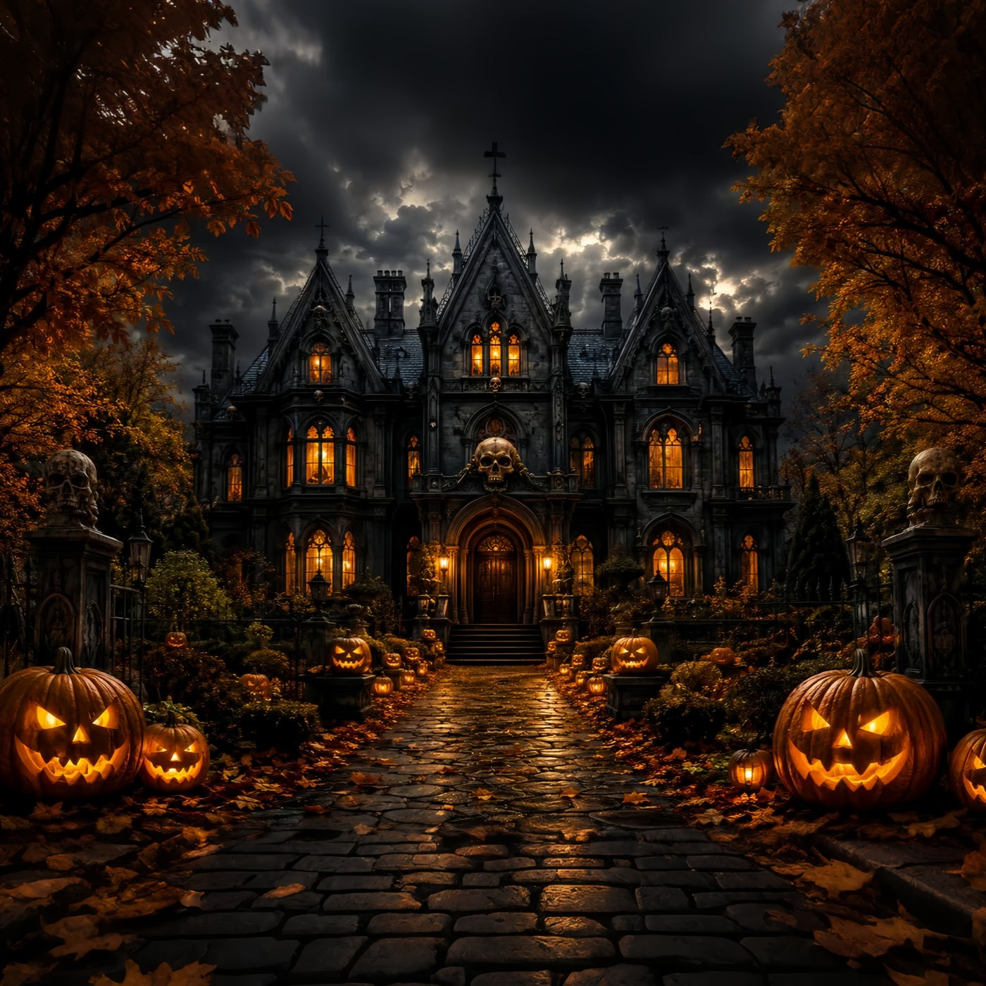 Haunted Mansion Photo Backdrop Stormy Skull Manor Entrance Scary Backdrops UK LXX67-238