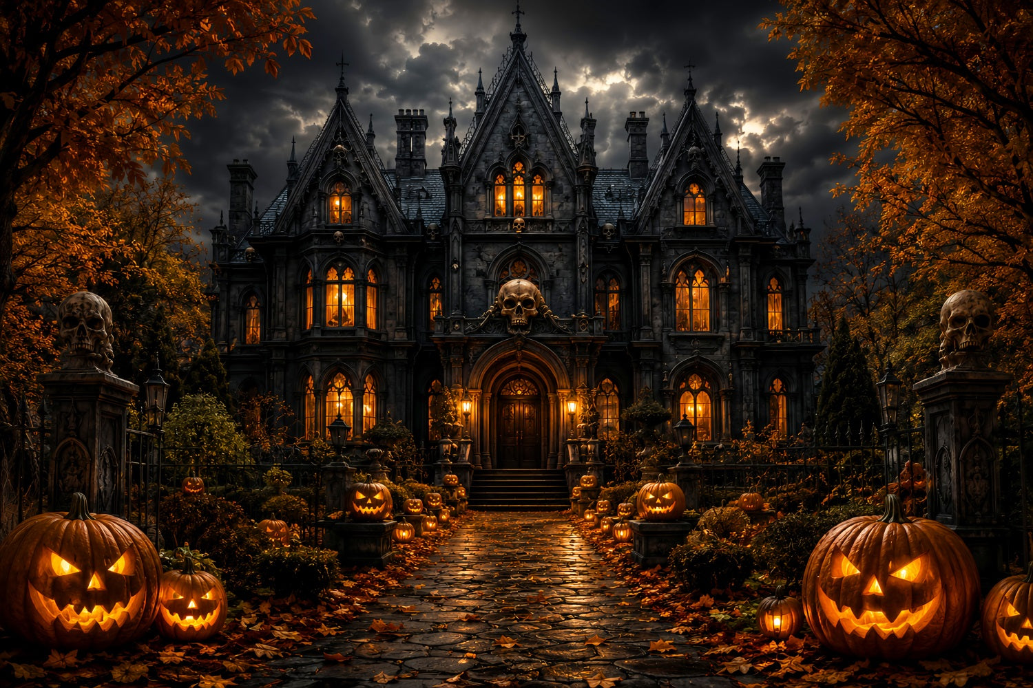 Haunted Mansion Photo Backdrop Stormy Skull Manor Entrance Scary Backdrops UK LXX67-238