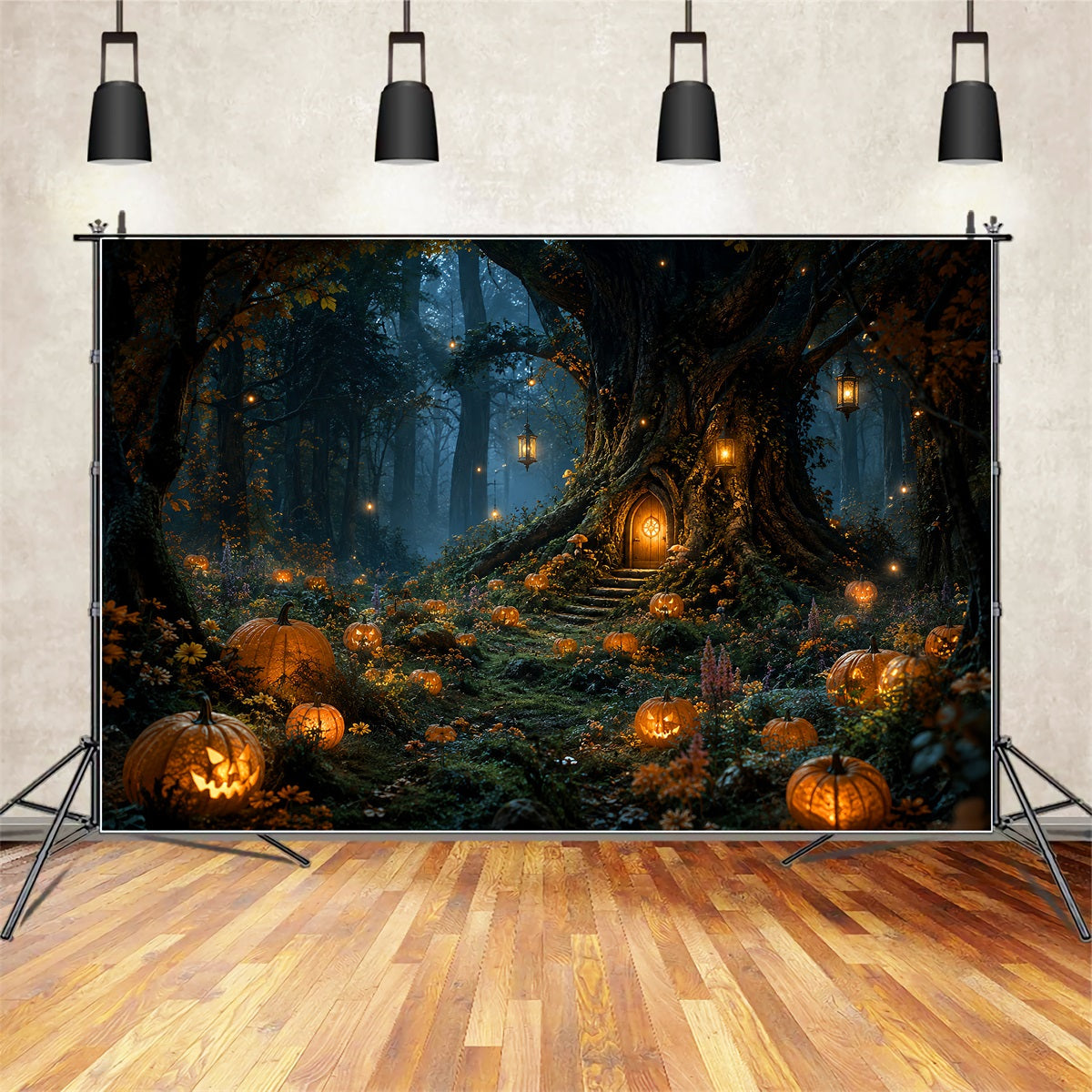 Scary Forest Backdrop Lanternlit Pumpkin Tree Cottage Halloween Photography Backdrop UK LXX67-239