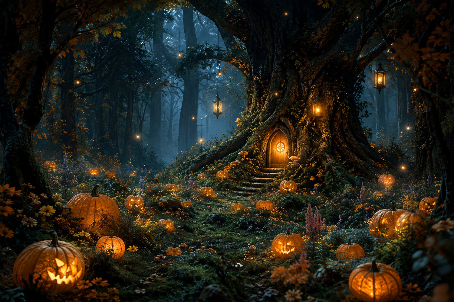 Scary Forest Backdrop Lanternlit Pumpkin Tree Cottage Halloween Photography Backdrop UK LXX67-239