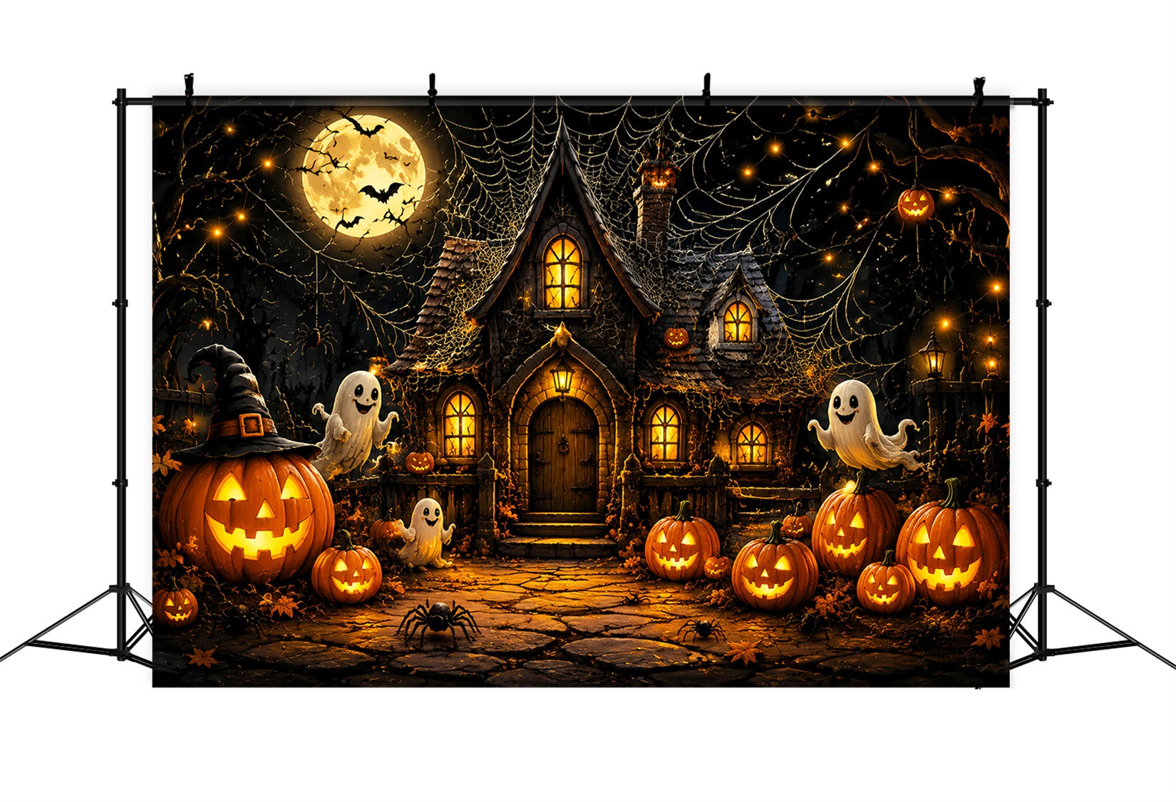 Halloween Backdrop For Photo Booth Ghost Pumpkin Cottage Spiderwebs Cute Halloween Backdrop UK LXX67-24