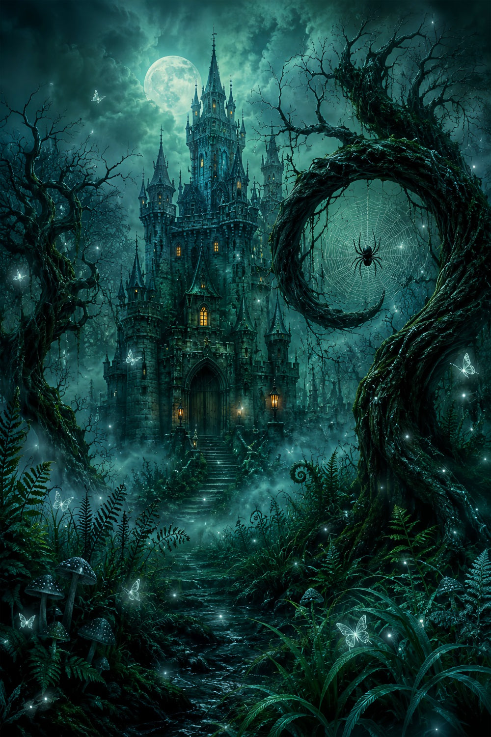 Spooky Woods Backdrop Emerald Spider Castle Forest Haunted Backdrop UK LXX67-240