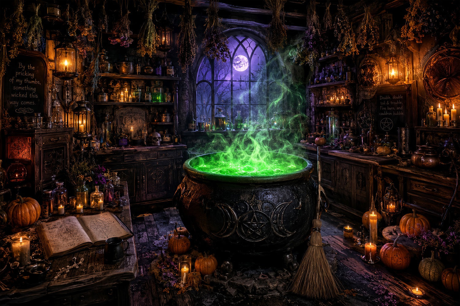 Halloween Witch Backdrop Green Cauldron Workshop Halloween Party Photo Backdrop UK LXX67-241