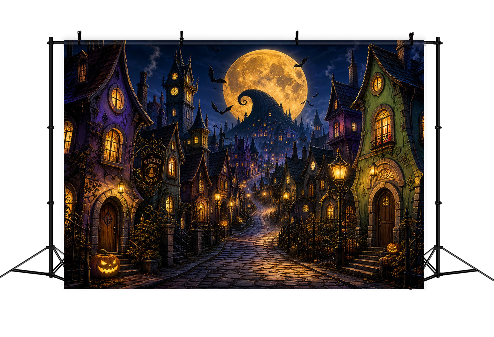 Halloween Town Backdrop Golden Moon Witch Village Photo Backdrop Halloween UK LXX67-243