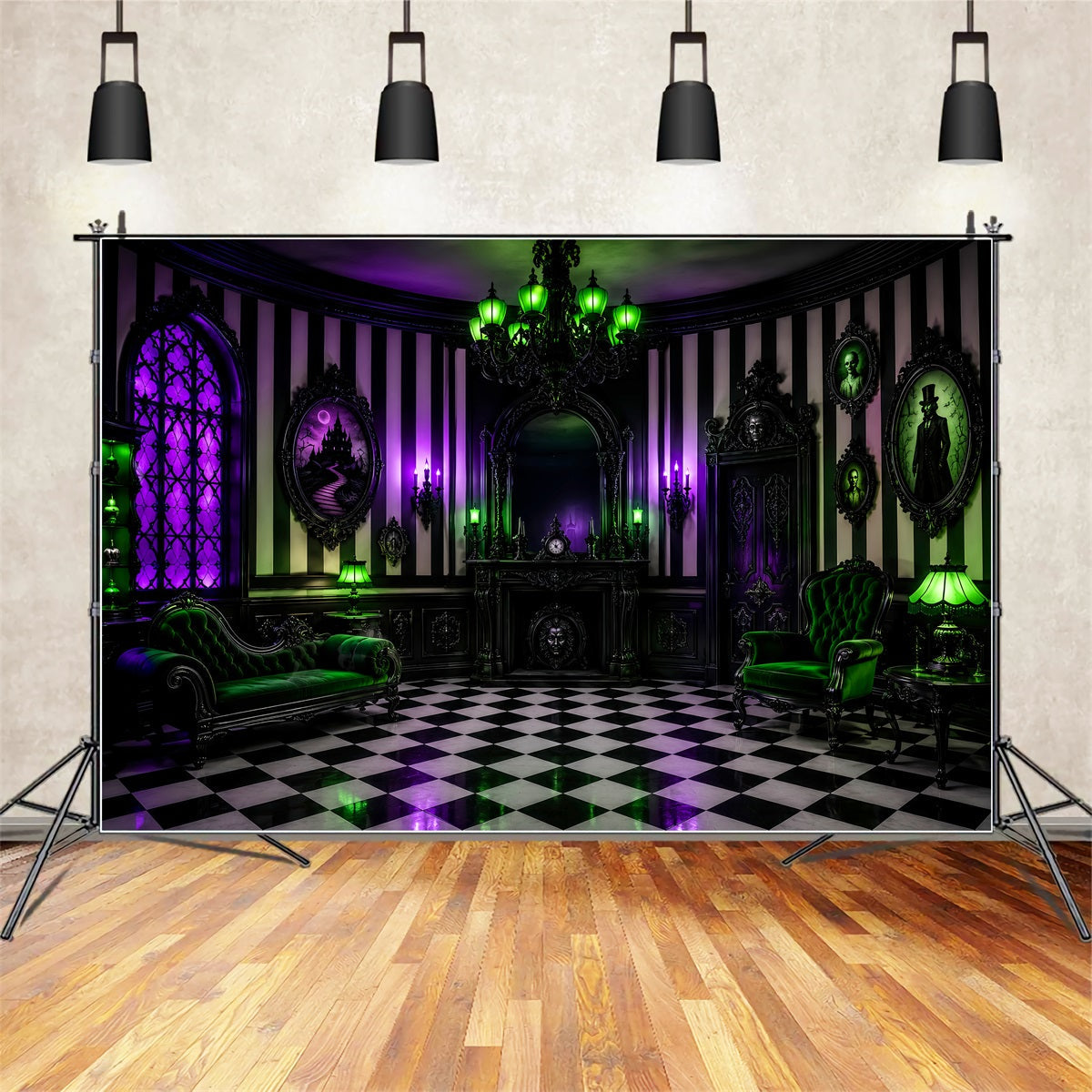 Halloween Haunted House Backdrop Purple Green Gothic Parlor Creepy Backdrop UK LXX67-245