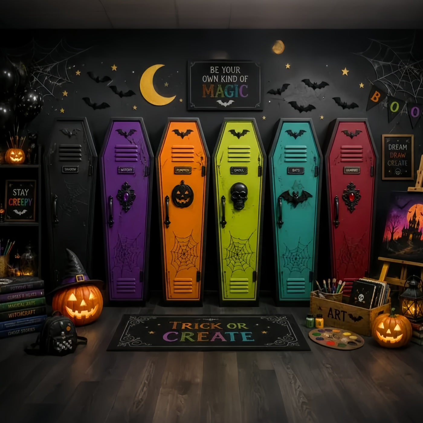 Coffin Backdrop Colorful Coffin Art Classroom Photo Booth Halloween Backdrop UK LXX67-246