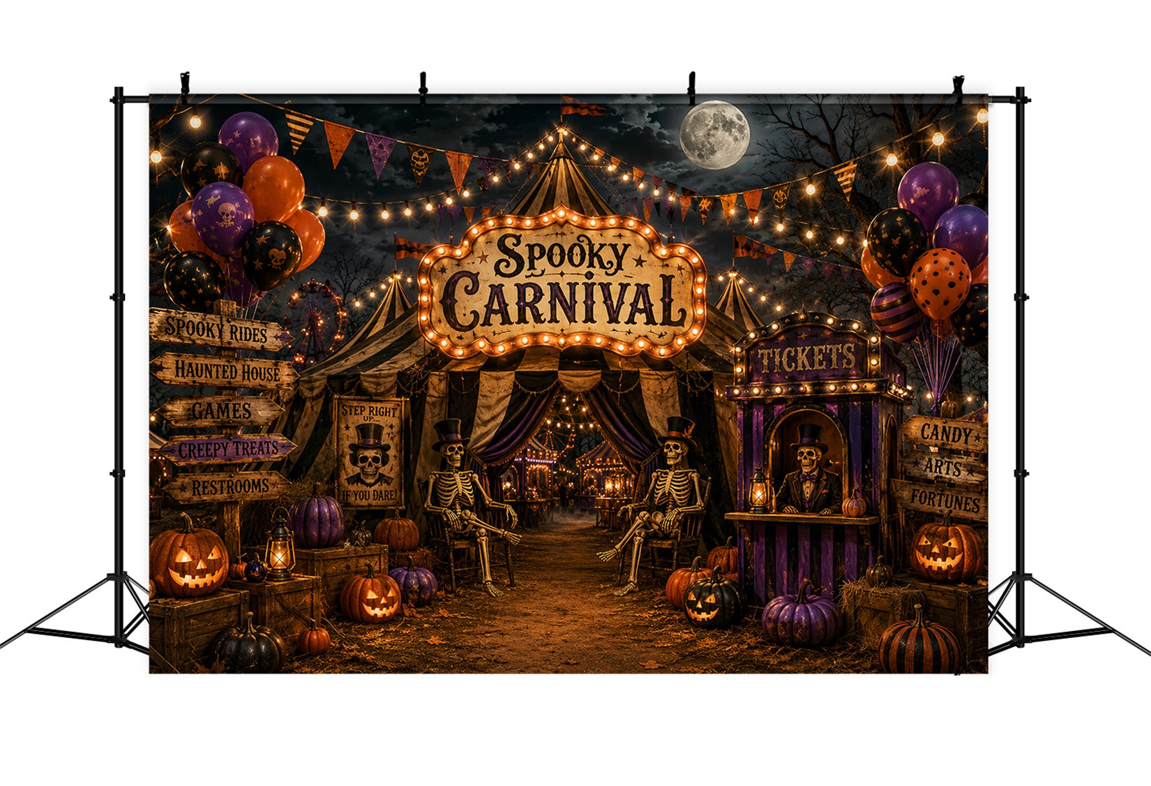 Halloween Circus Backdrop Moonlit Skeleton Carnival Entrance Horror Backdrops UK LXX67-247