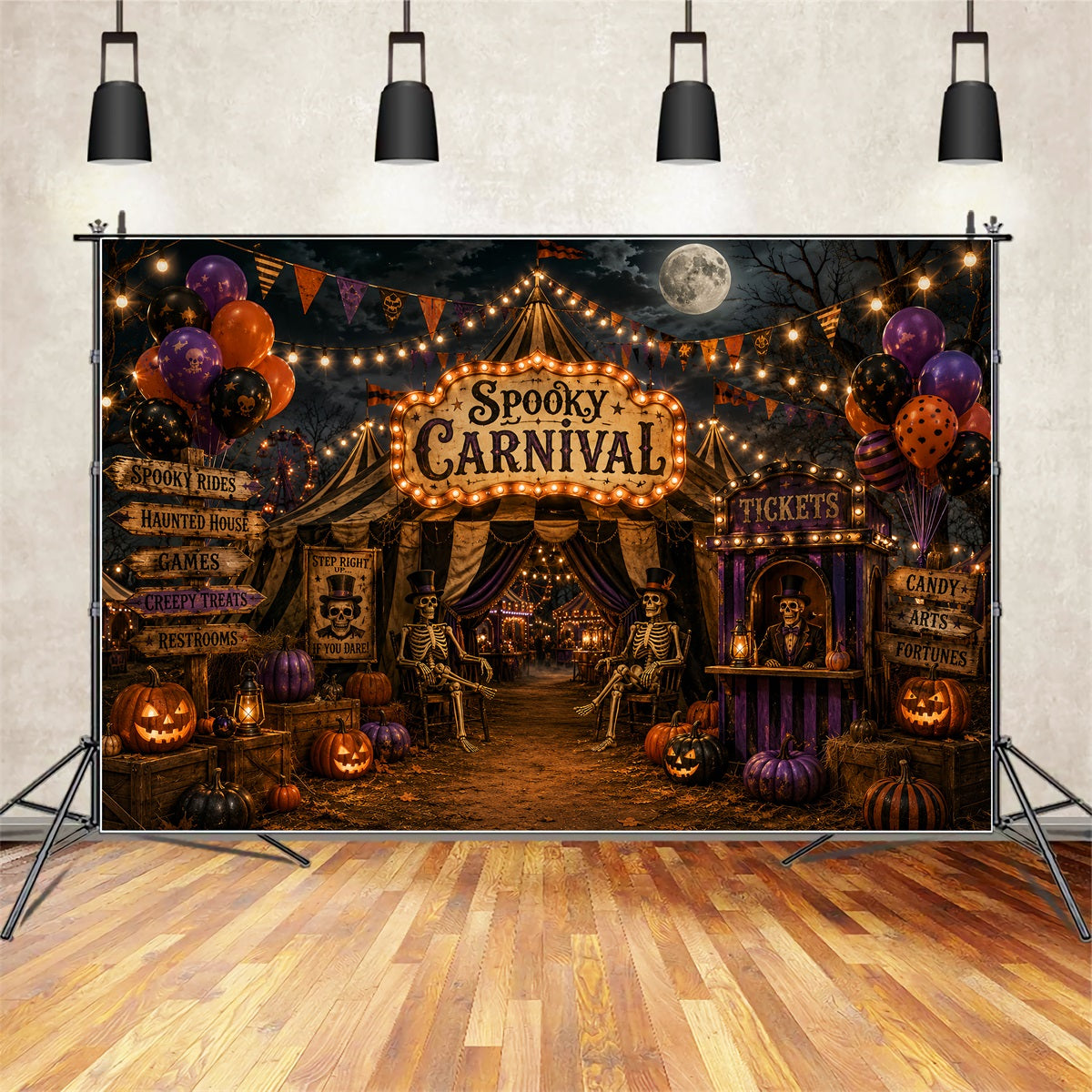 Halloween Circus Backdrop Moonlit Skeleton Carnival Entrance Horror Backdrops UK LXX67-247