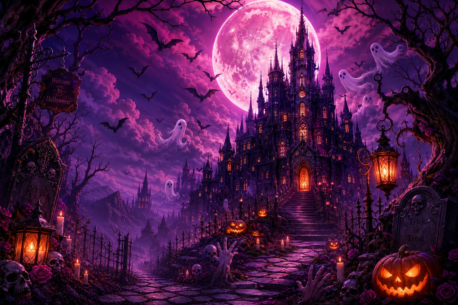 Graveyard Halloween Backdrops Purple Moon Ghost Castle Pink Halloween Backdrop UK LXX67-248