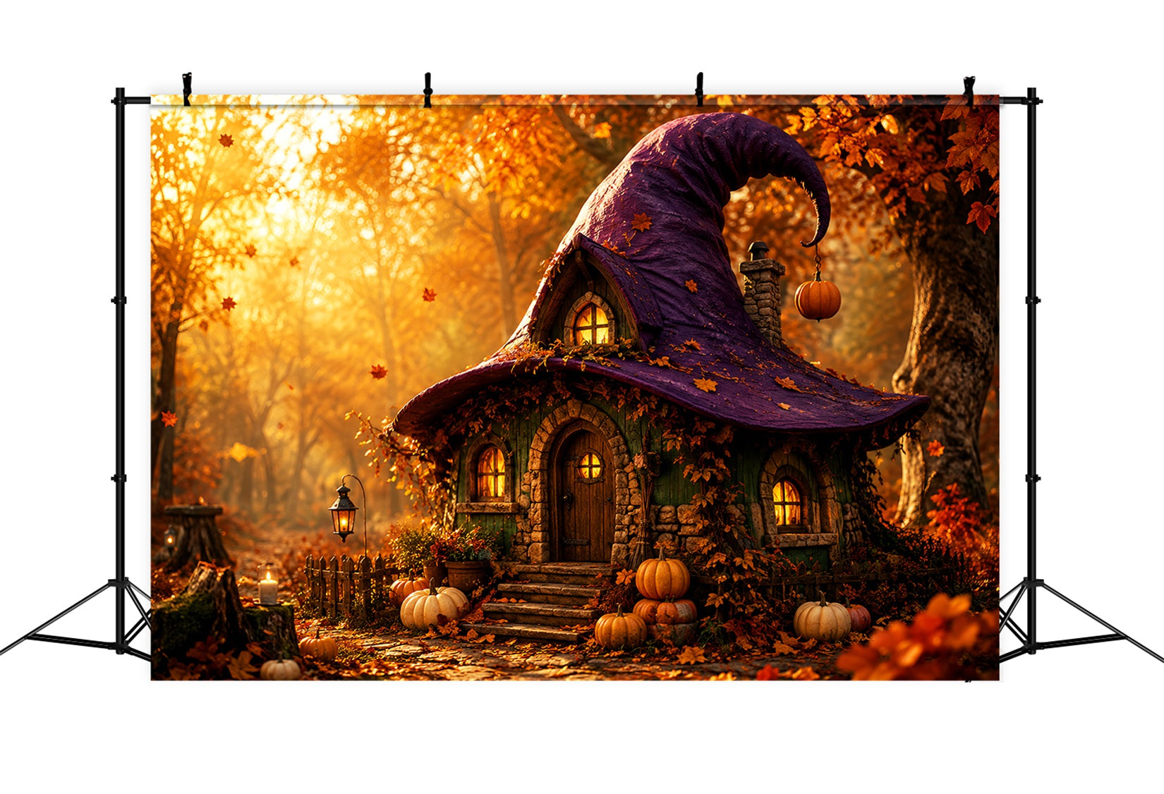 Witch House Backdrop Autumn Witch Hat Cottage Spooky Photo Backdrop UK LXX67-249