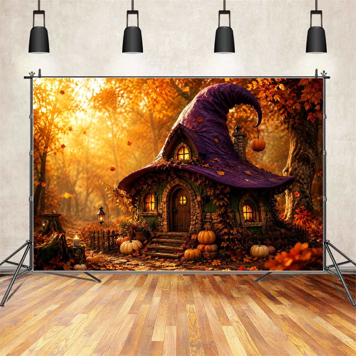Witch House Backdrop Autumn Witch Hat Cottage Spooky Photo Backdrop UK LXX67-249