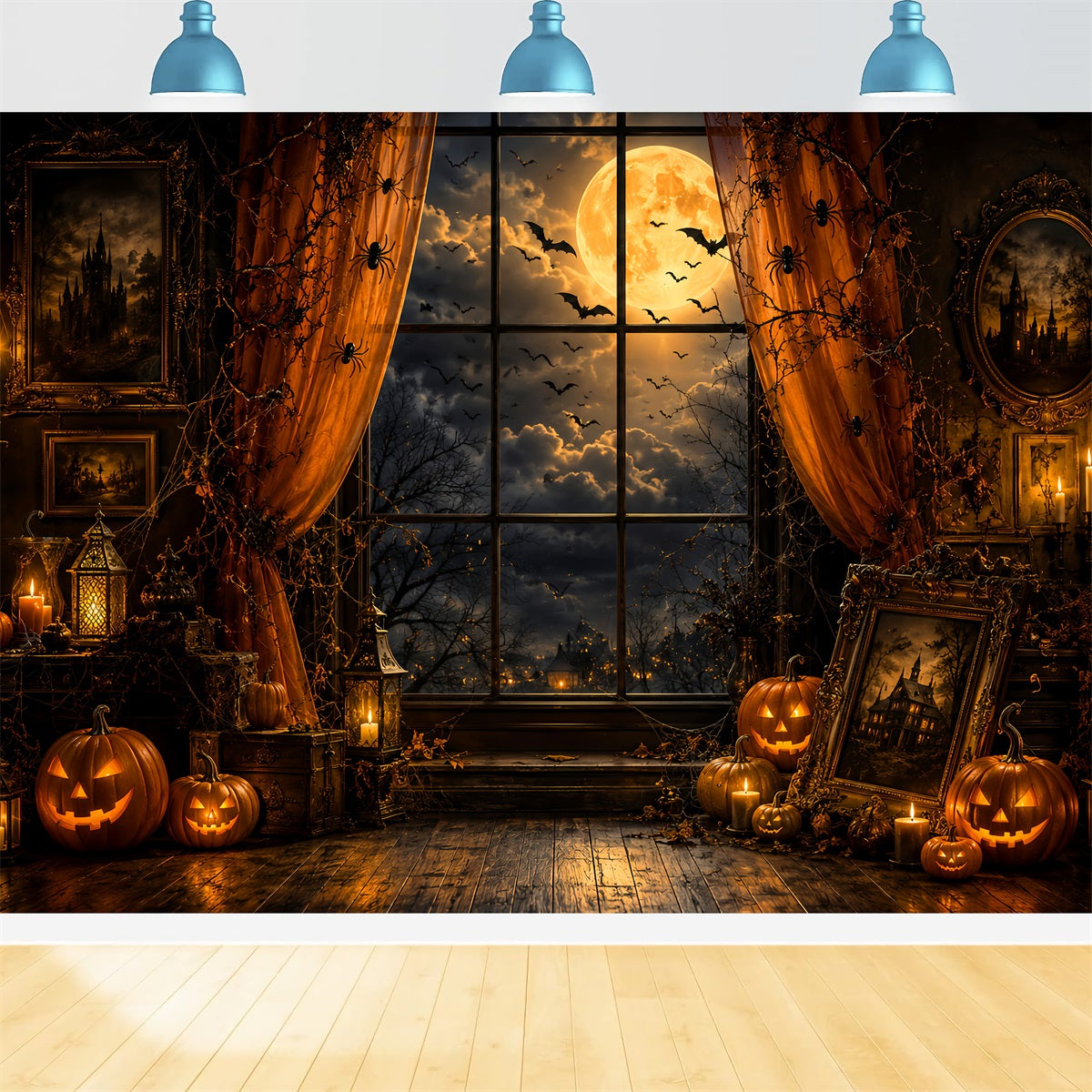 Halloween Window Backdrop Moonlit Pumpkin Portrait Chamber Cute Halloween Backdrop UK LXX67-250
