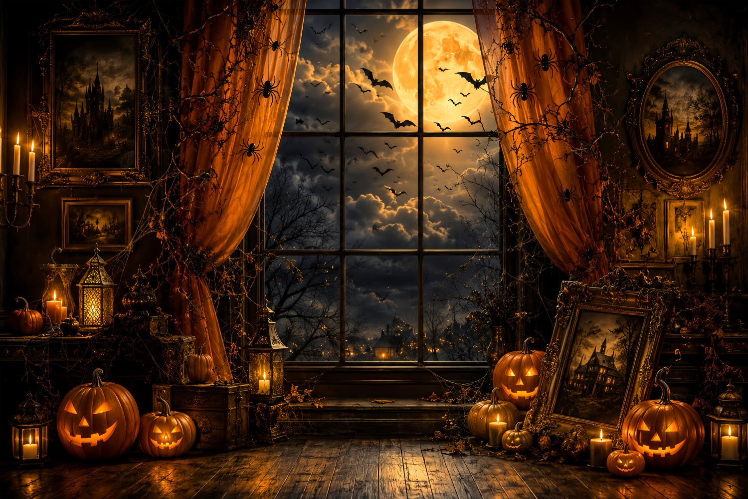 Halloween Window Backdrop Moonlit Pumpkin Portrait Chamber Cute Halloween Backdrop UK LXX67-250