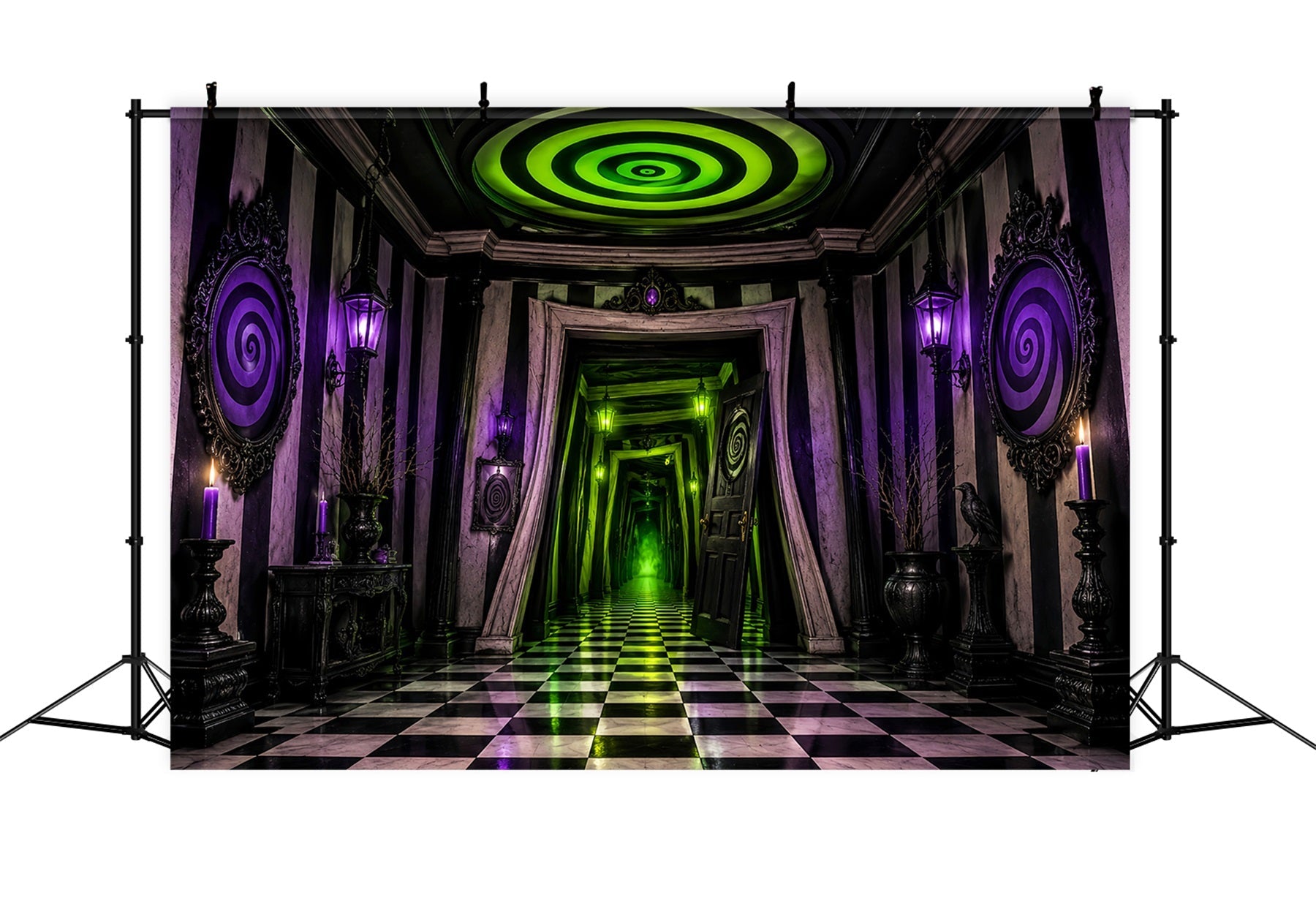 Spooky House Backdrop Neon Spiral Checkered Corridor Spooky Halloween Backdrops UK LXX67-252