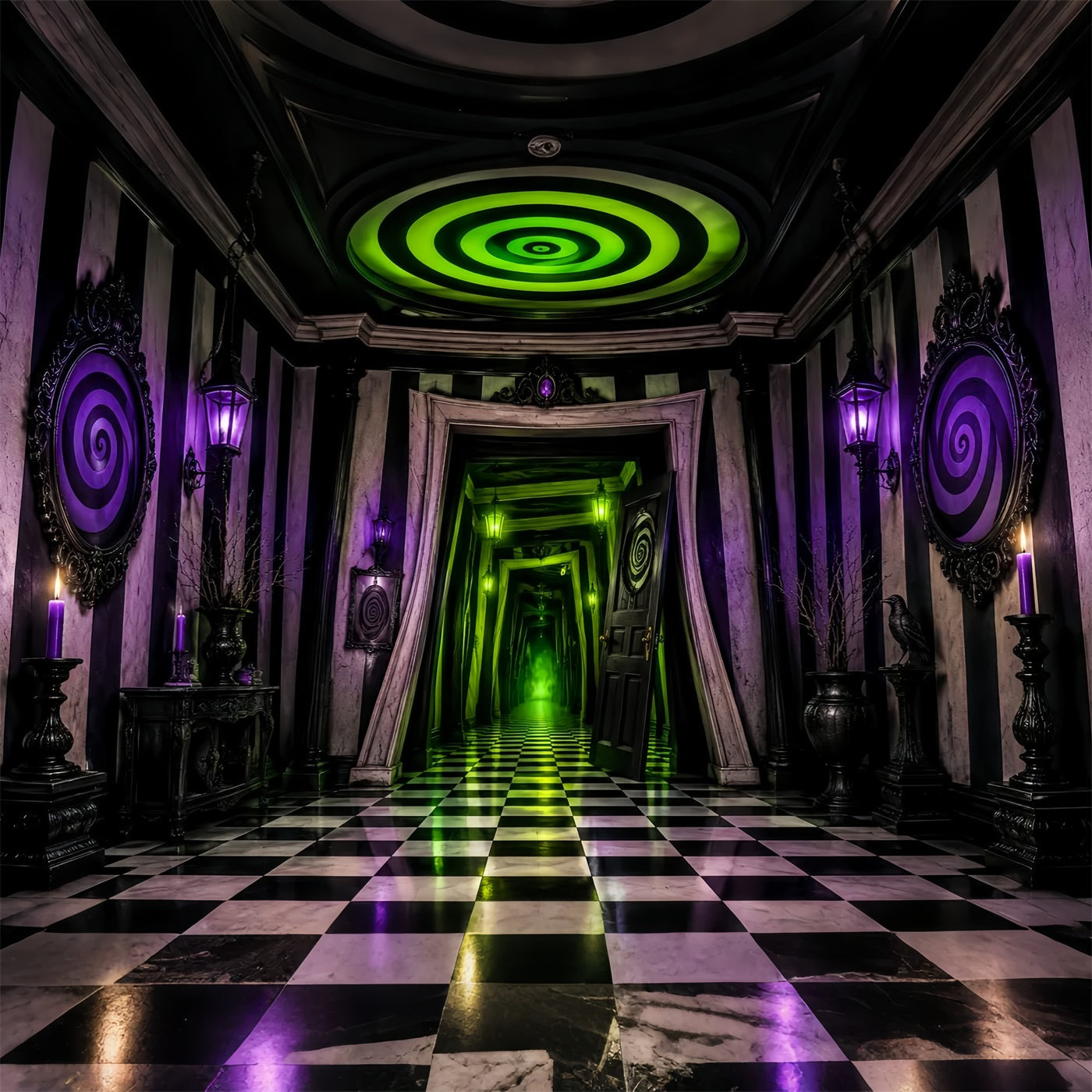 Spooky House Backdrop Neon Spiral Checkered Corridor Spooky Halloween Backdrops UK LXX67-252