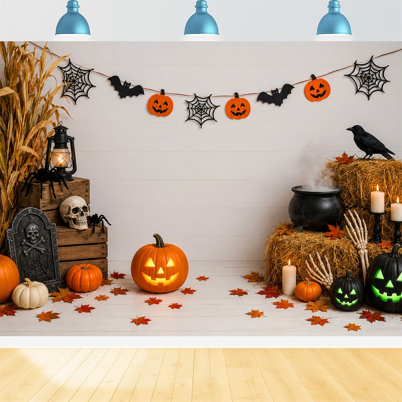 Graveyard Backdrops Rustic Pumpkin Cauldron Display Halloween Birthday Backdrop UK LXX67-254