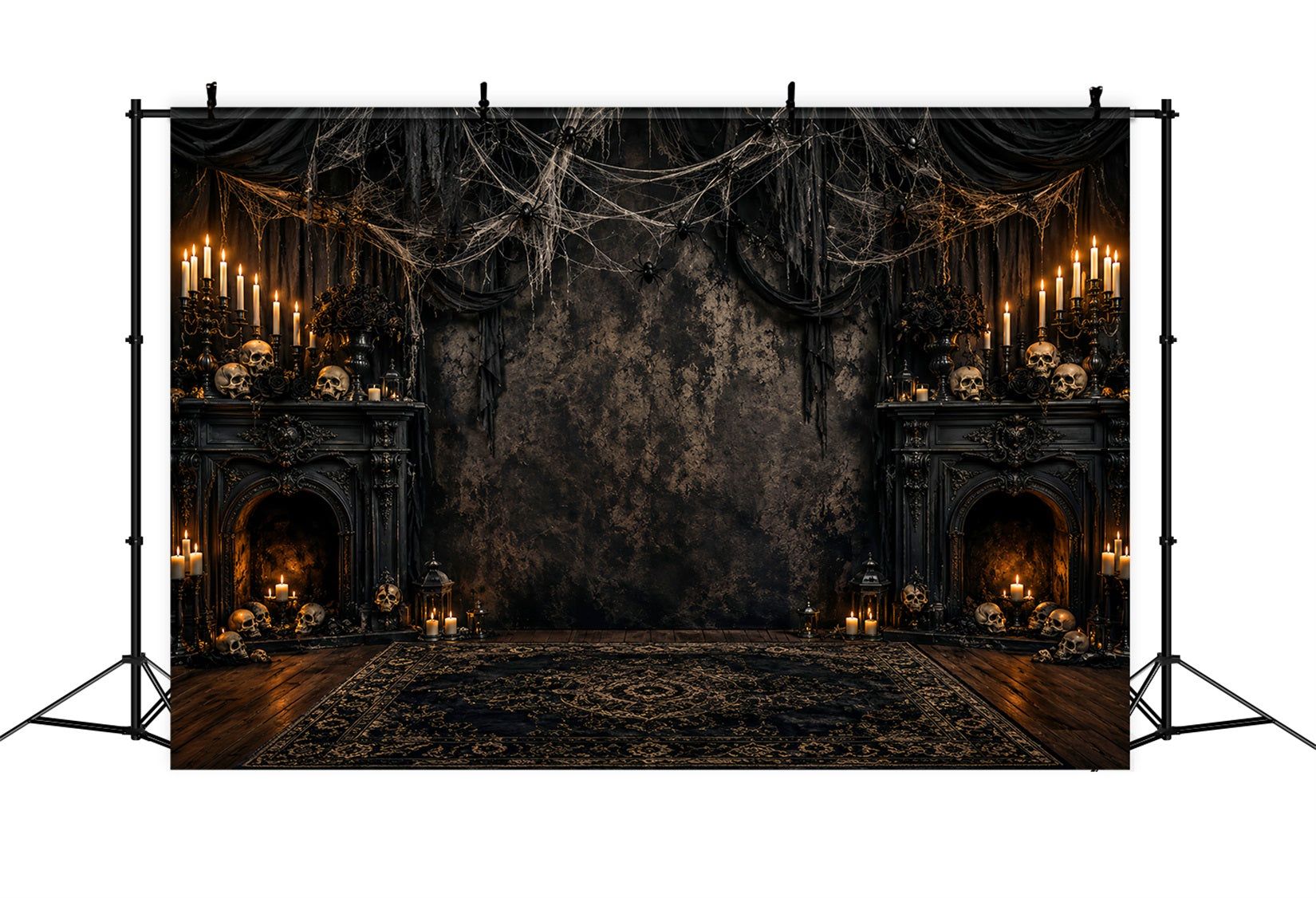 Spider Web Backdrop Candlelit Skull Fireplace Halloween Photoshoot Backdrop UK LXX67-255