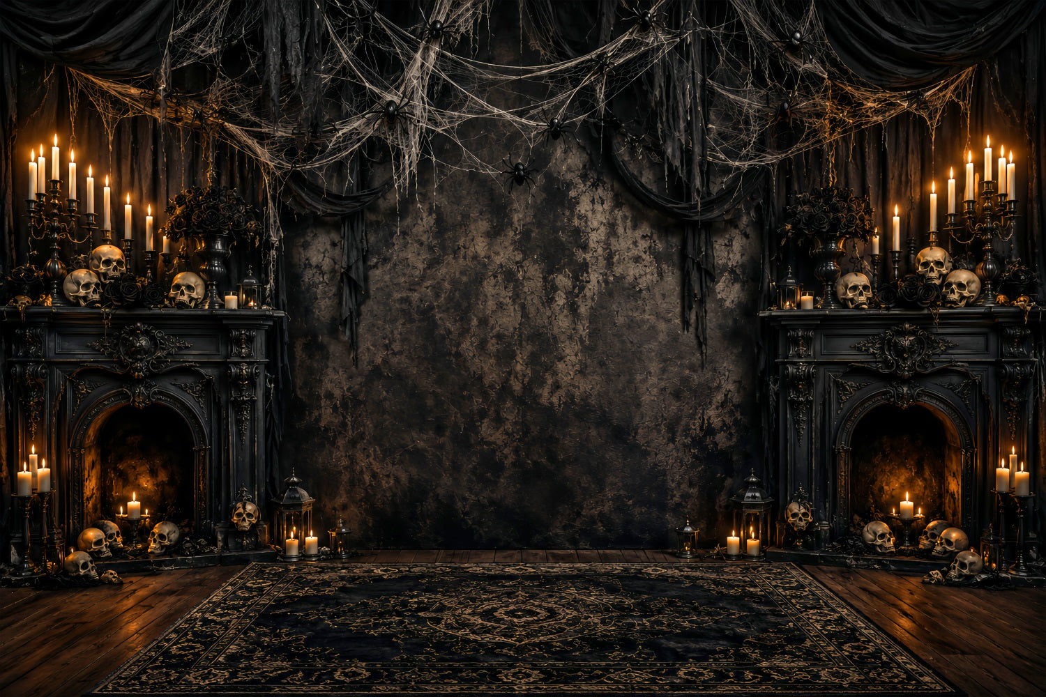 Spider Web Backdrop Candlelit Skull Fireplace Halloween Photoshoot Backdrop UK LXX67-255