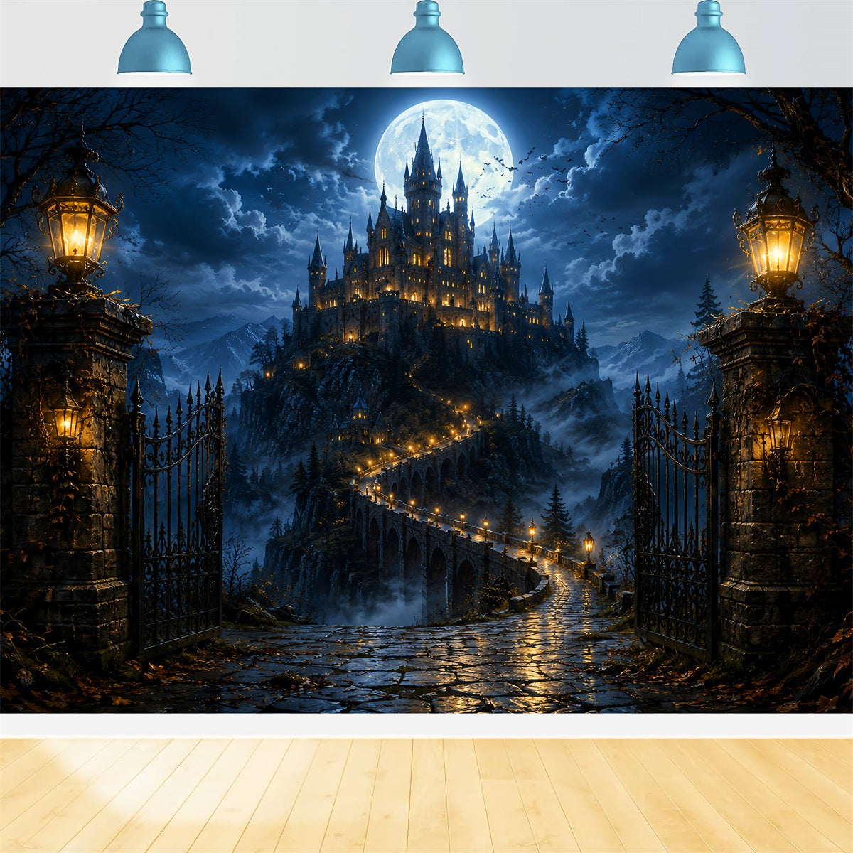 Haunted Cemetery Backdrop Moonlit Castle Bridge Gateway Magic Kingdom Backdrop UK LXX67-258