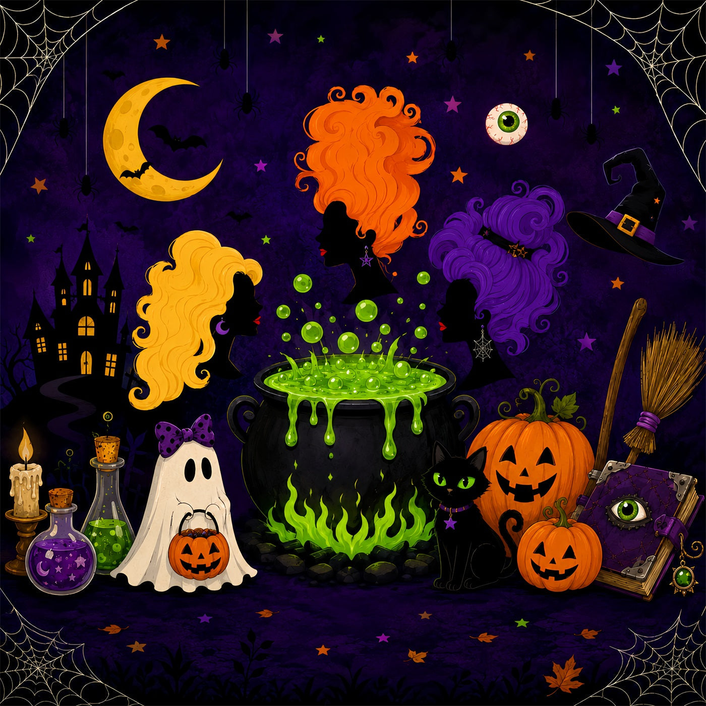 Halloween Moon Backdrop Cartoon Witch Cauldron Gathering Magic Backdrop UK LXX67-259