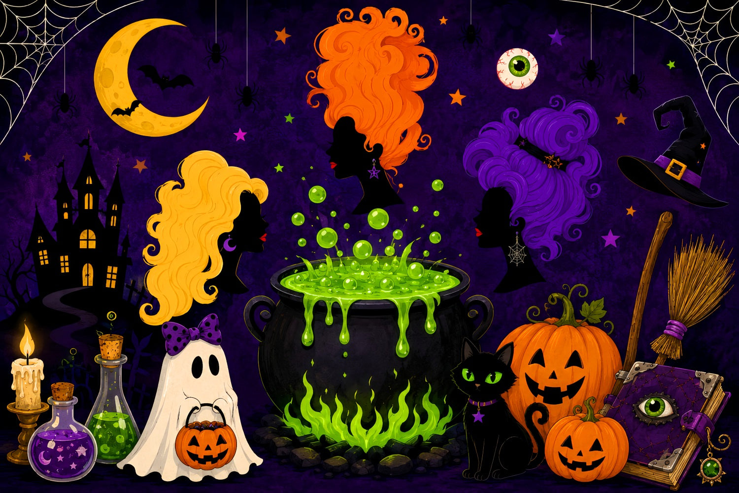 Halloween Moon Backdrop Cartoon Witch Cauldron Gathering Magic Backdrop UK LXX67-259