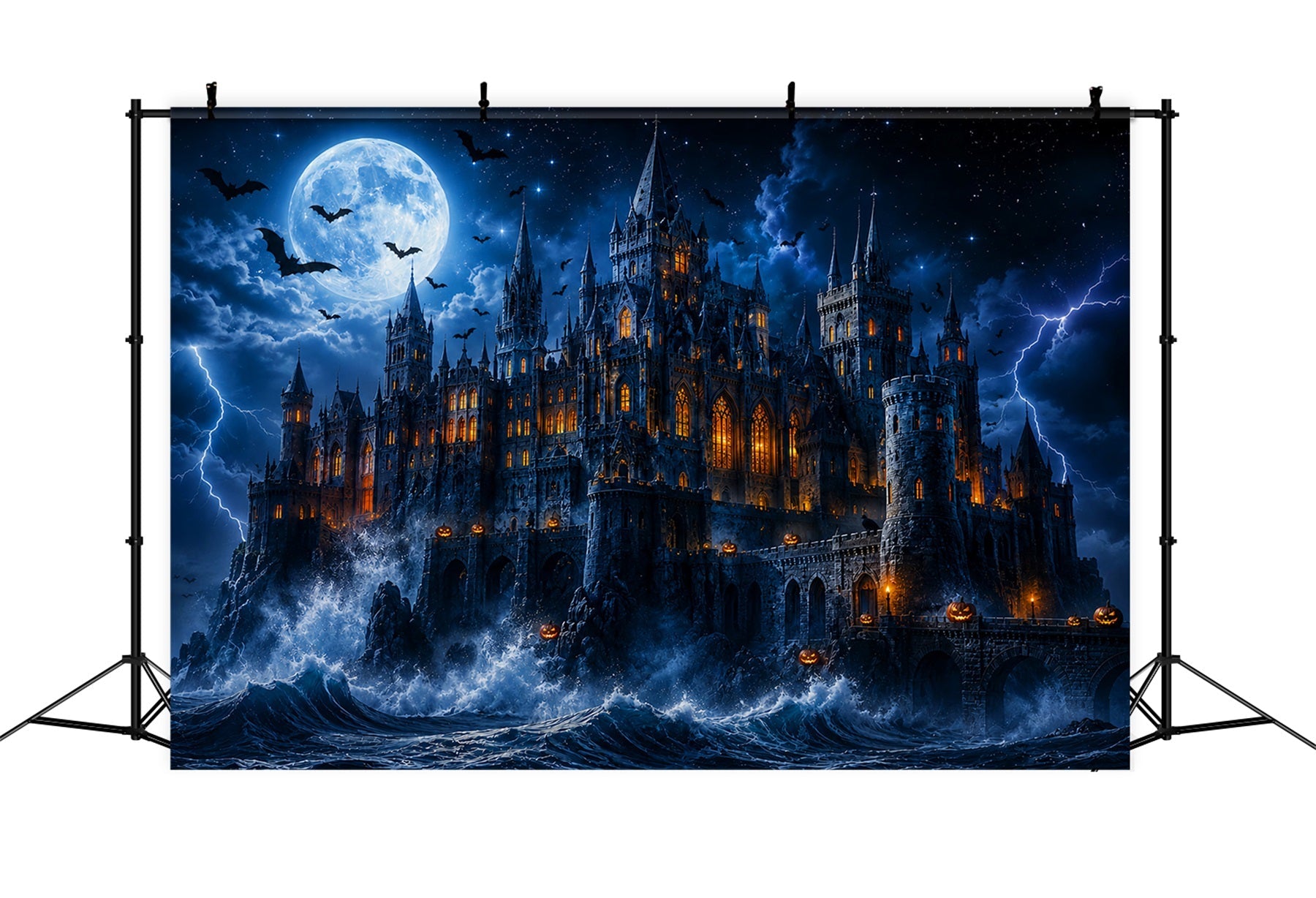Halloween Castle Backdrop Stormy Moonlit Ocean Scary Backdrops For Halloween UK LXX67-260