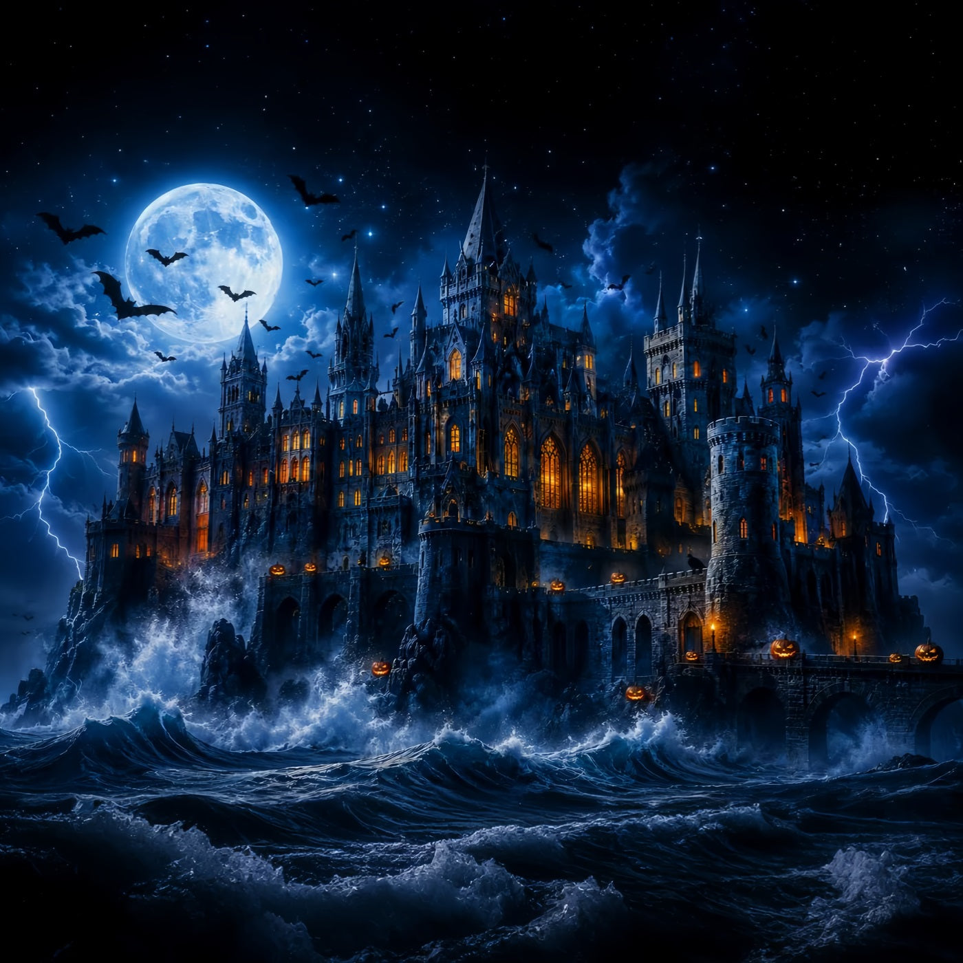 Halloween Castle Backdrop Stormy Moonlit Ocean Scary Backdrops For Halloween UK LXX67-260