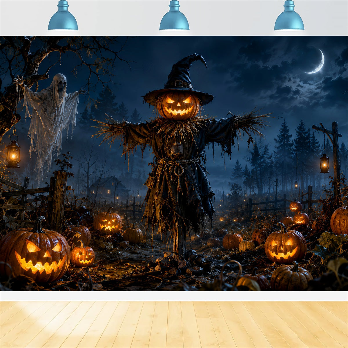 Pumpkin Patch Backdrops Scarecrow Ghost Field Halloween Themed Backdrop UK LXX67-261